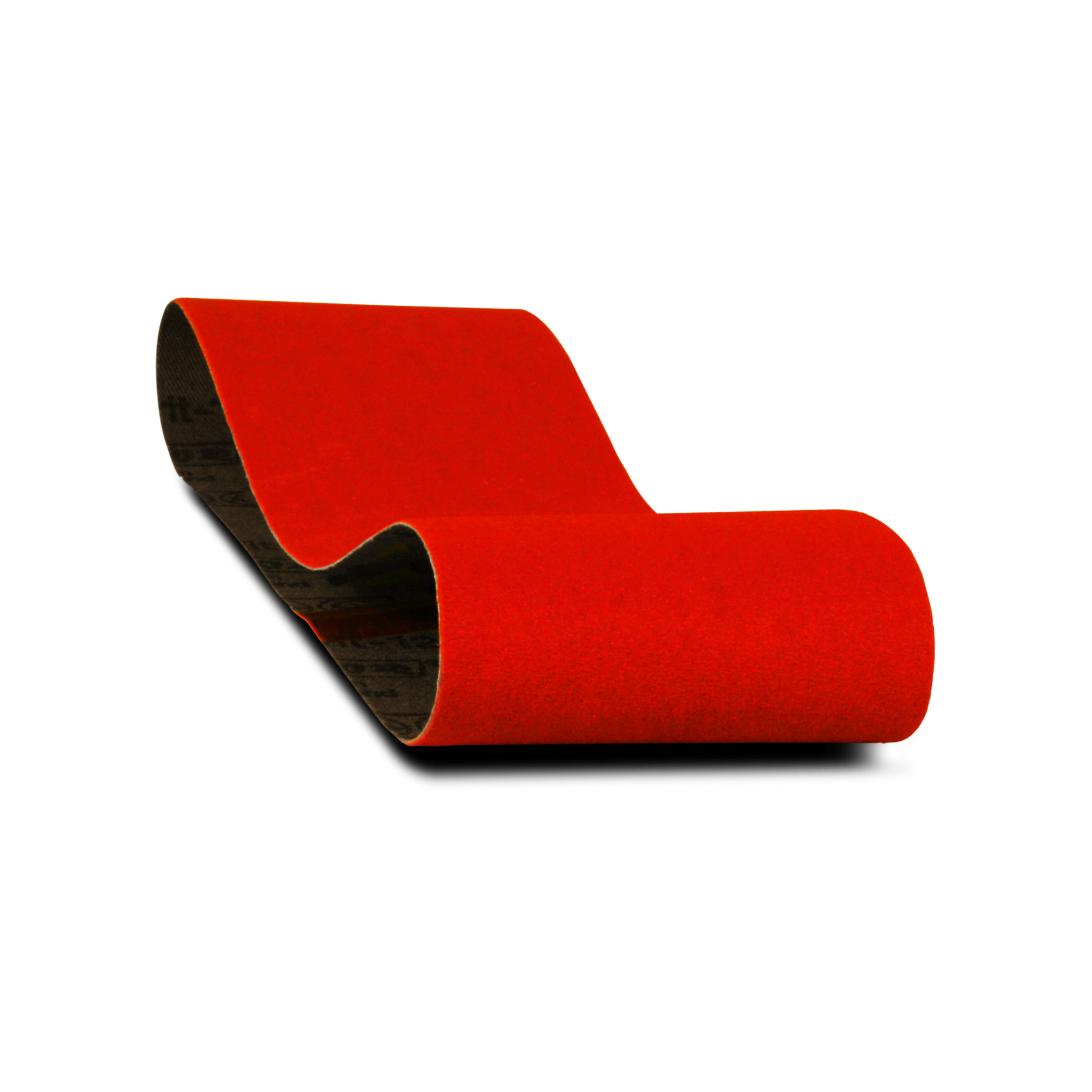 Red sanding belt with black backing, 3 inches by 21 inches, 120 grit.