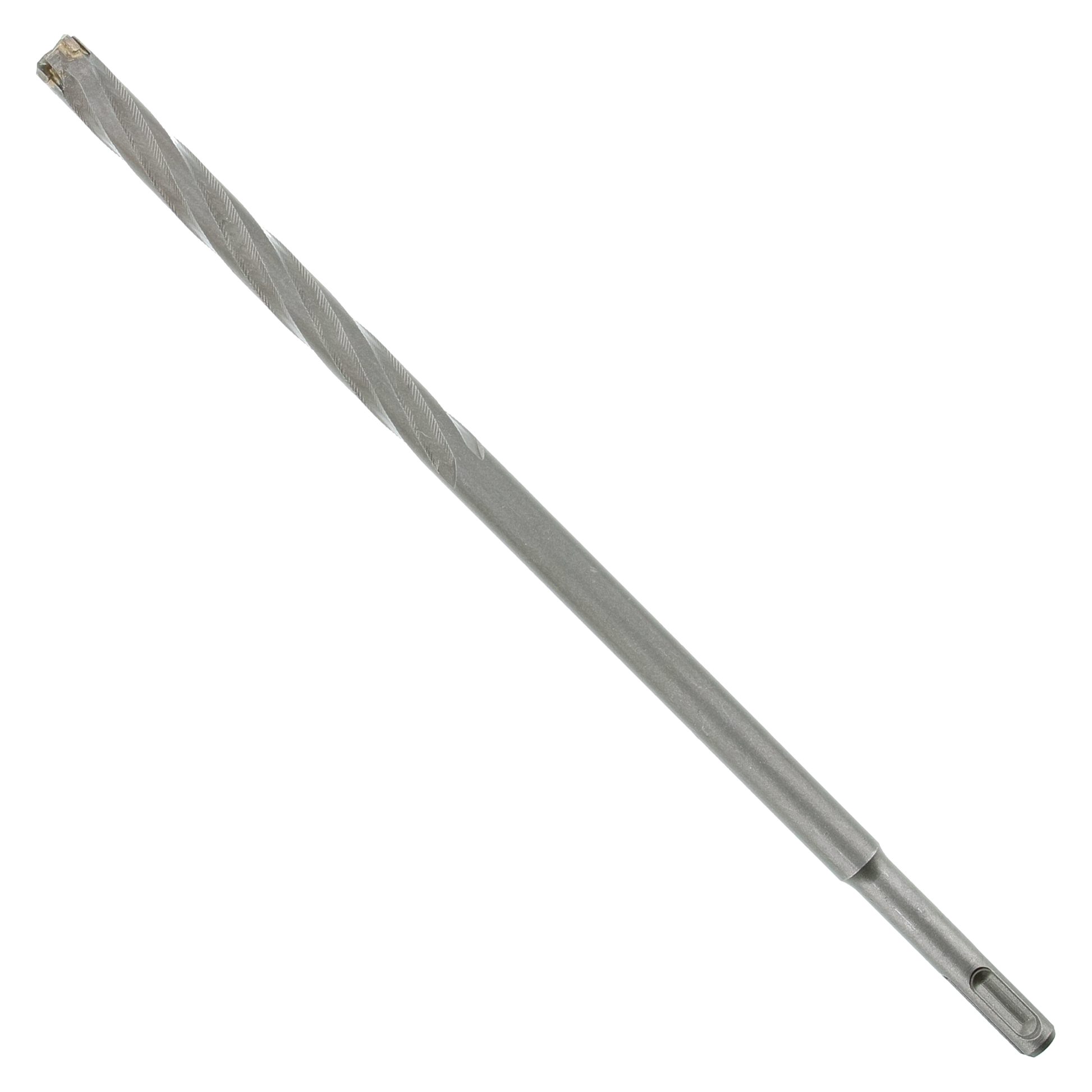 Long gray metal rebar cutter bit with fluted shaft and SDS-Plus shank at bottom end.
