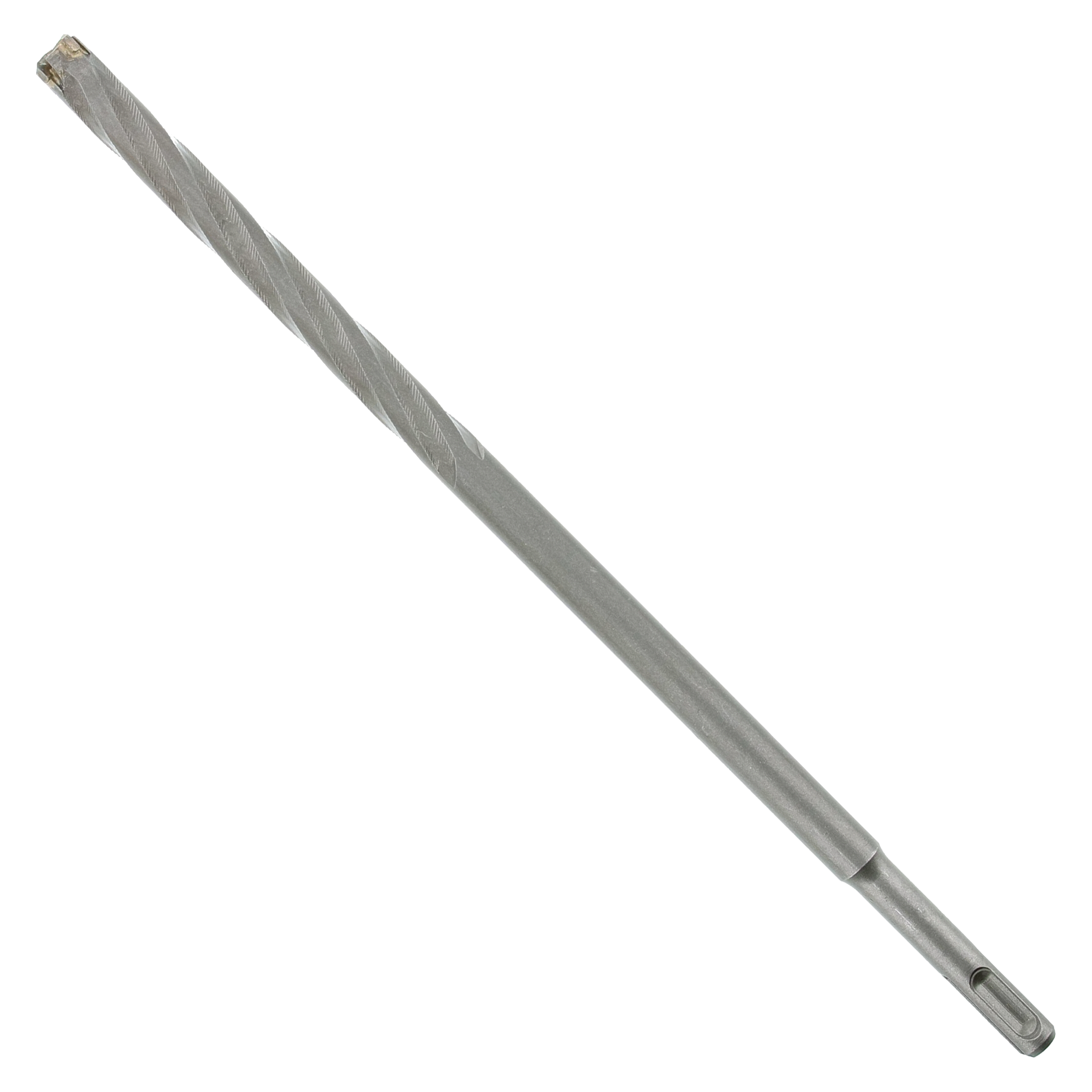Long gray metal rebar cutter bit with fluted shaft and SDS-Plus shank at bottom end.