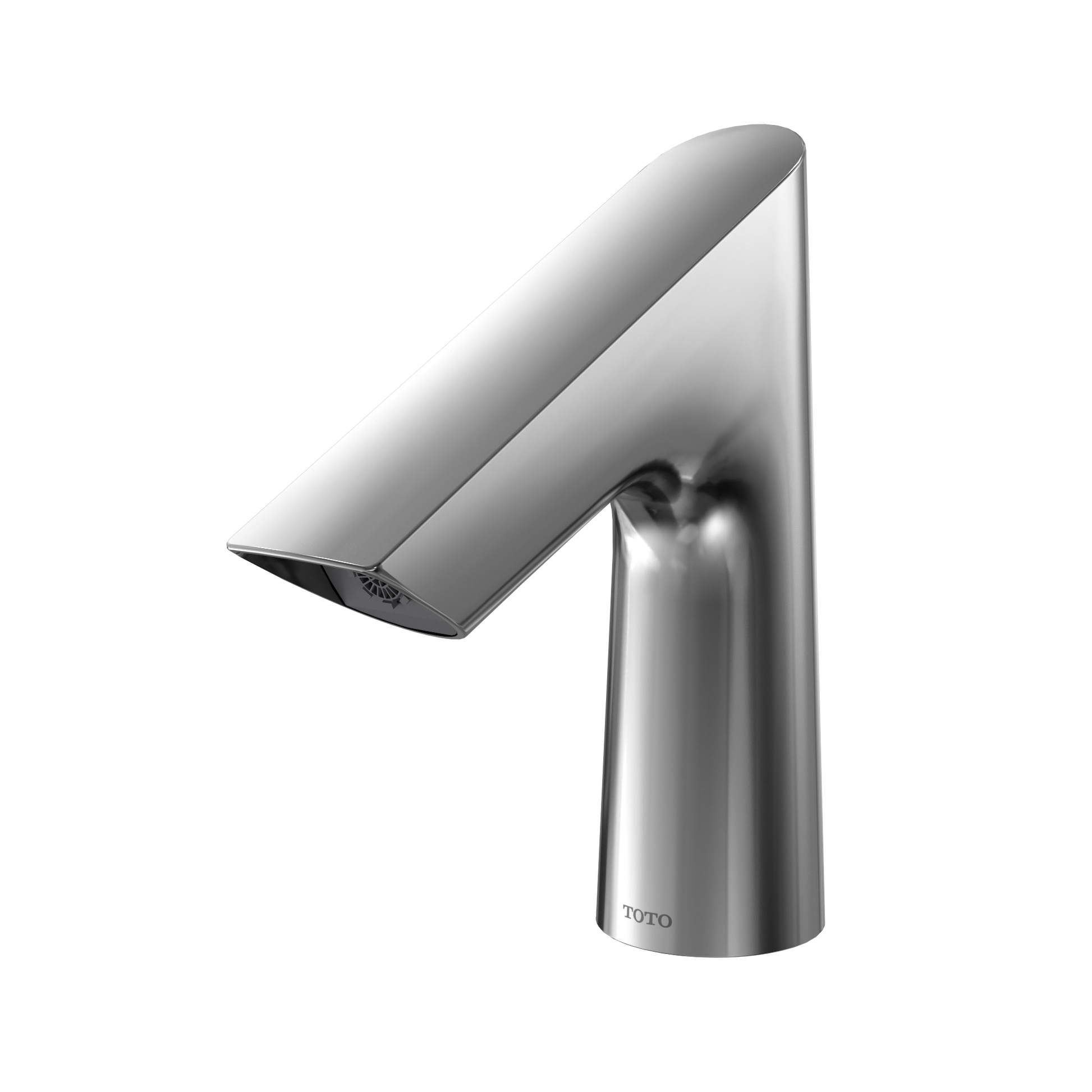 Polished chrome touchless bathroom faucet with angled spout and cylindrical base.