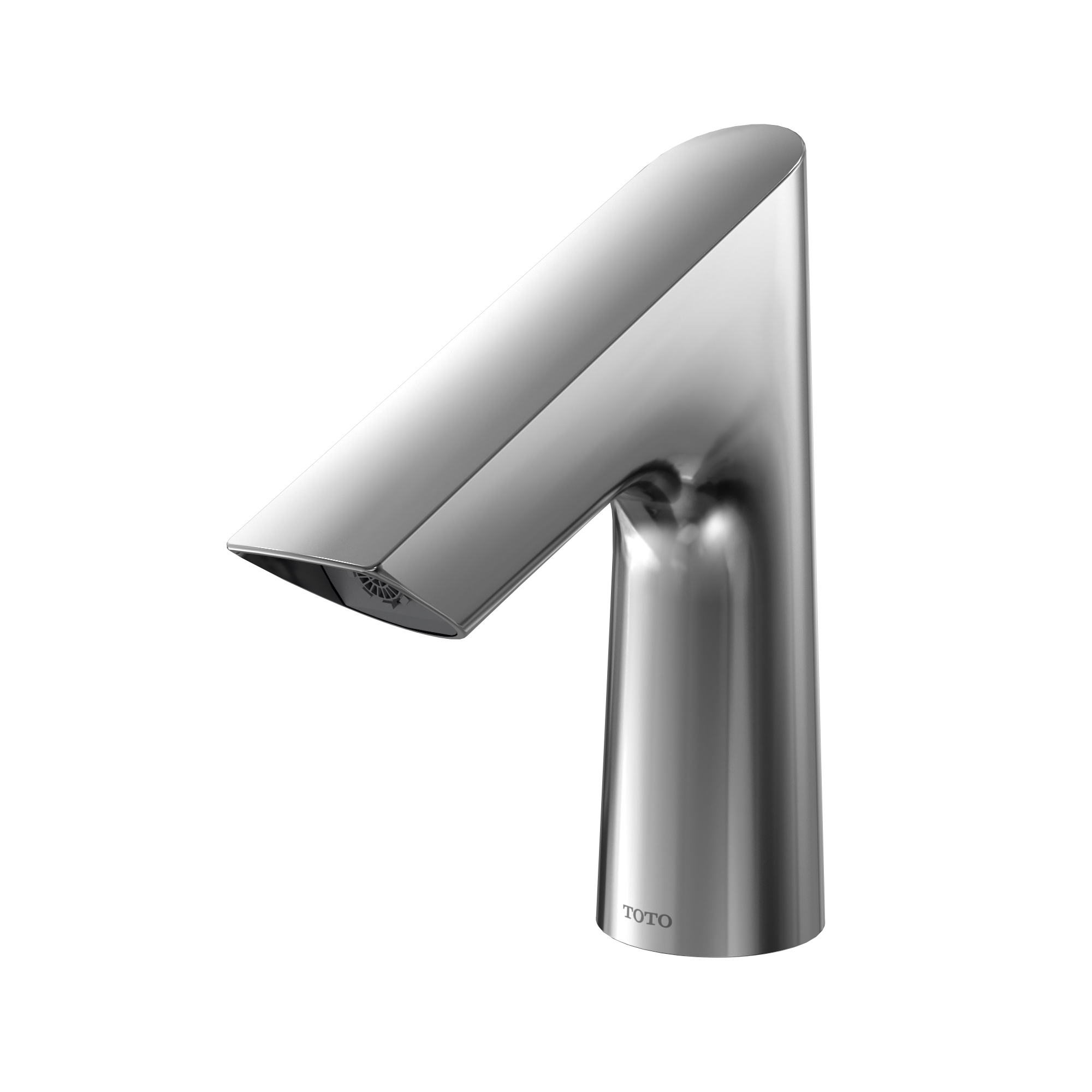 Polished chrome touchless bathroom faucet with curved spout and cylindrical base.