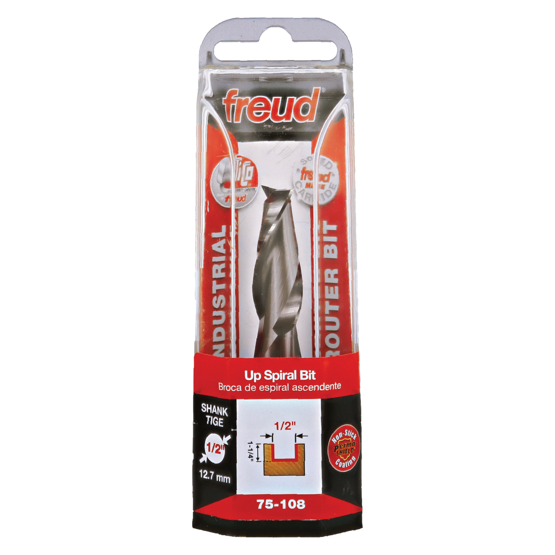 Freud 1/2" diameter up spiral bit with 1/2" shank in clear plastic clamshell packaging.