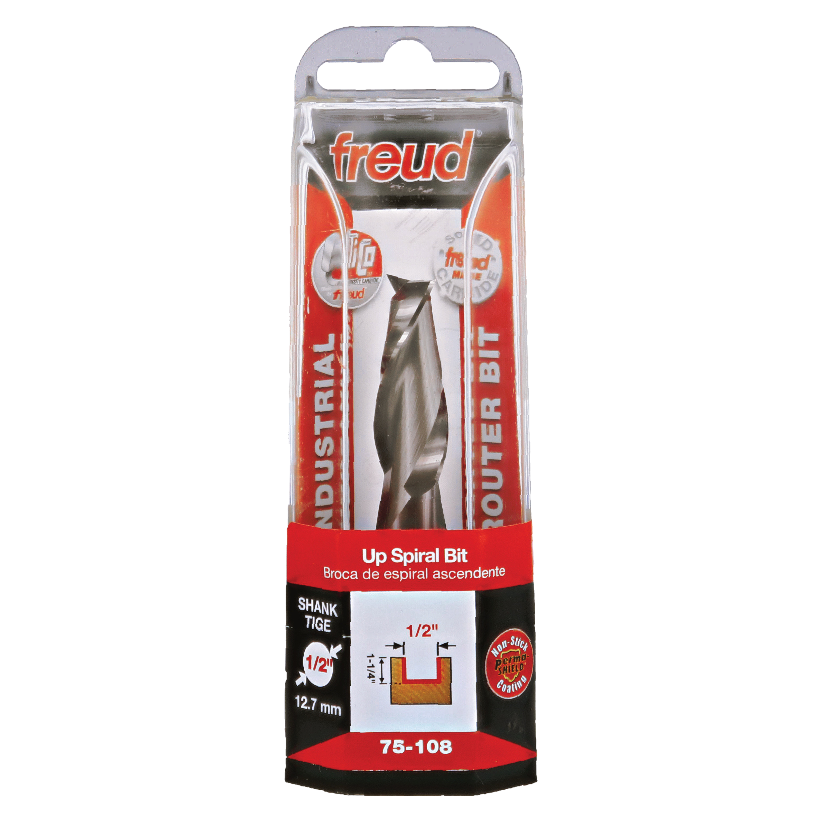 Freud 1/2" diameter up spiral bit with 1/2" shank in clear plastic clamshell packaging.