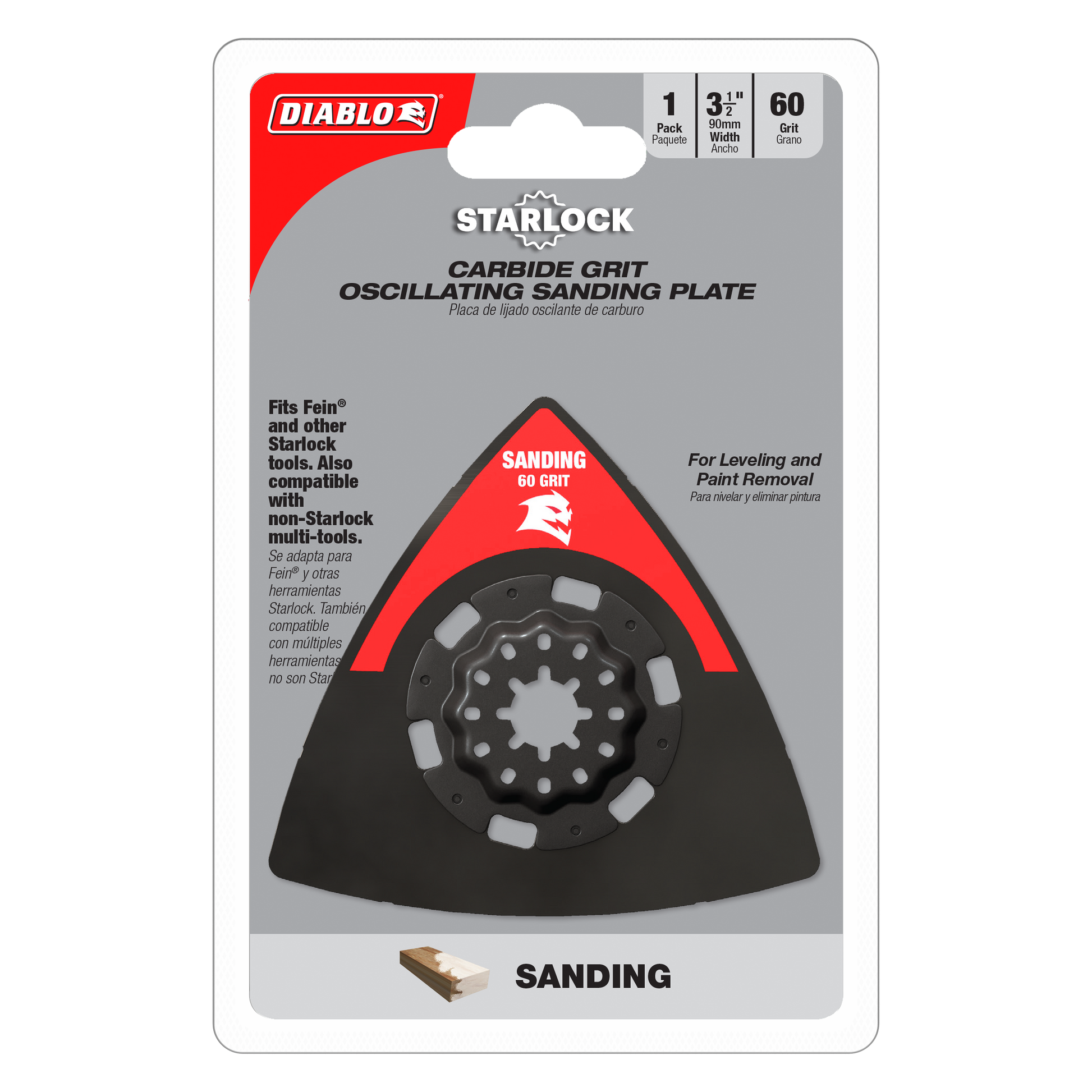 Black and red triangular carbide grit sanding plate with Starlock center attachment and perforated surface.