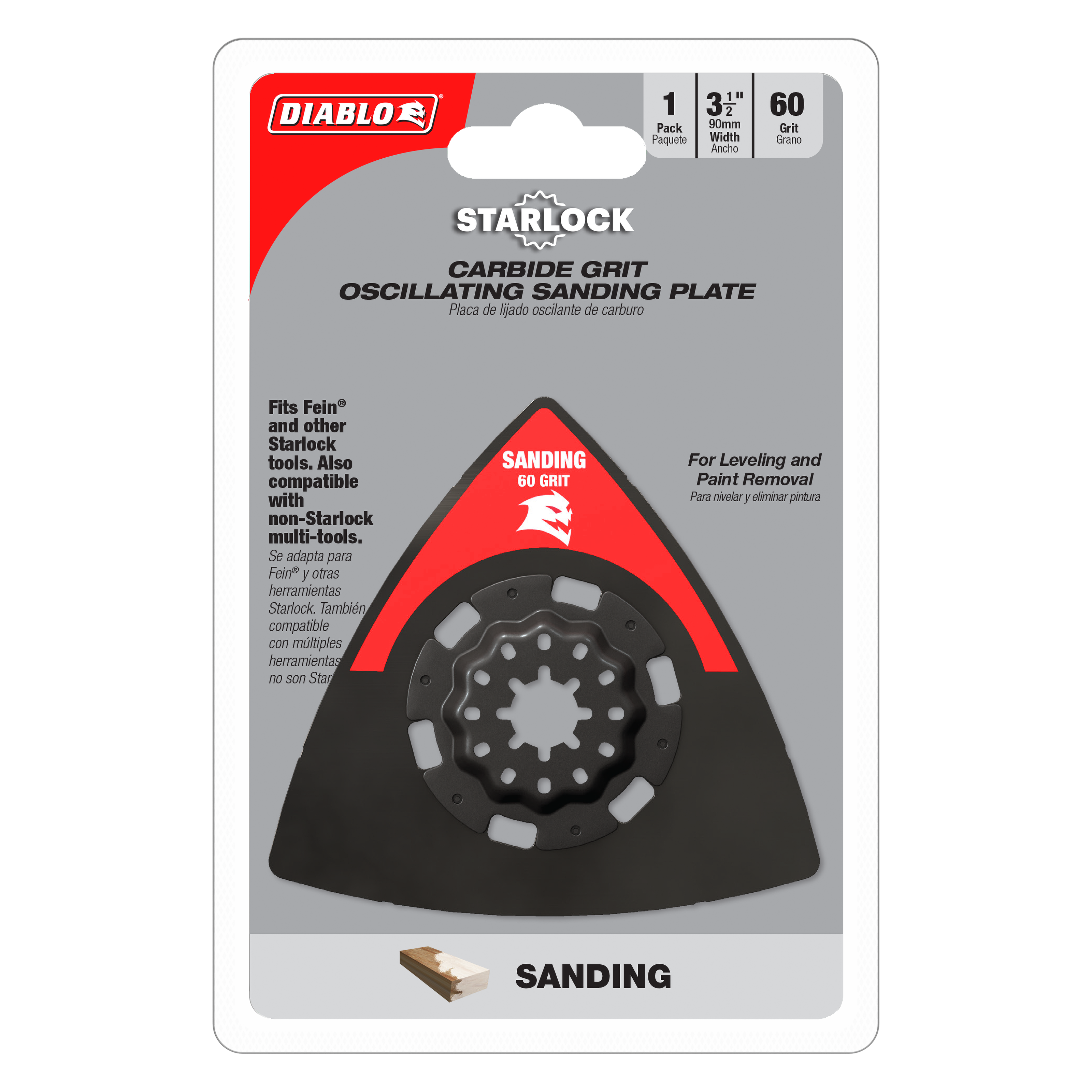 Black and red triangular carbide grit sanding plate with Starlock center attachment and perforated surface.