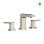 Brushed nickel widespread bathroom sink faucet with two handles and tall center spout.