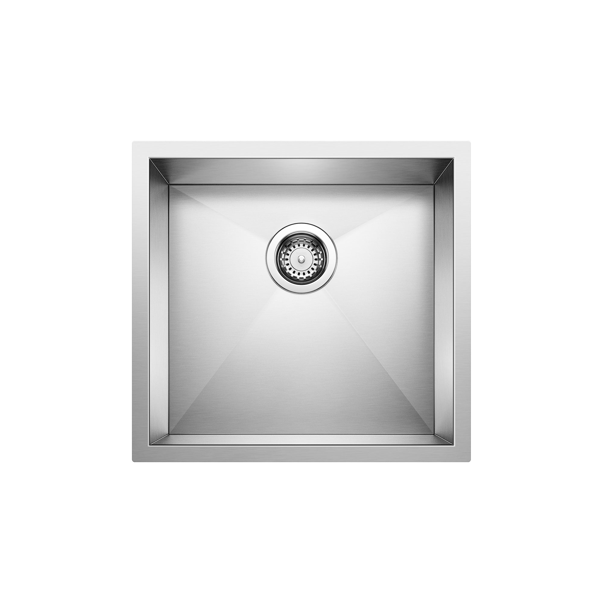 Stainless steel single bowl sink with drain strainer, viewed from above.