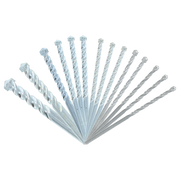 Fourteen silver masonry drill bits with carbide tips arranged in a fan pattern, varying in size from large to small.