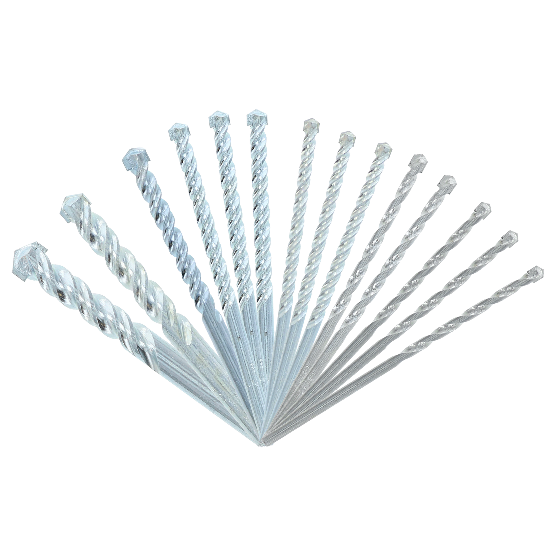 Fourteen silver masonry drill bits with carbide tips arranged in a fan pattern, varying in size from large to small.