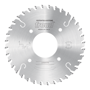 Circular saw blade with conical scoring teeth and center mounting hole for woodworking applications.