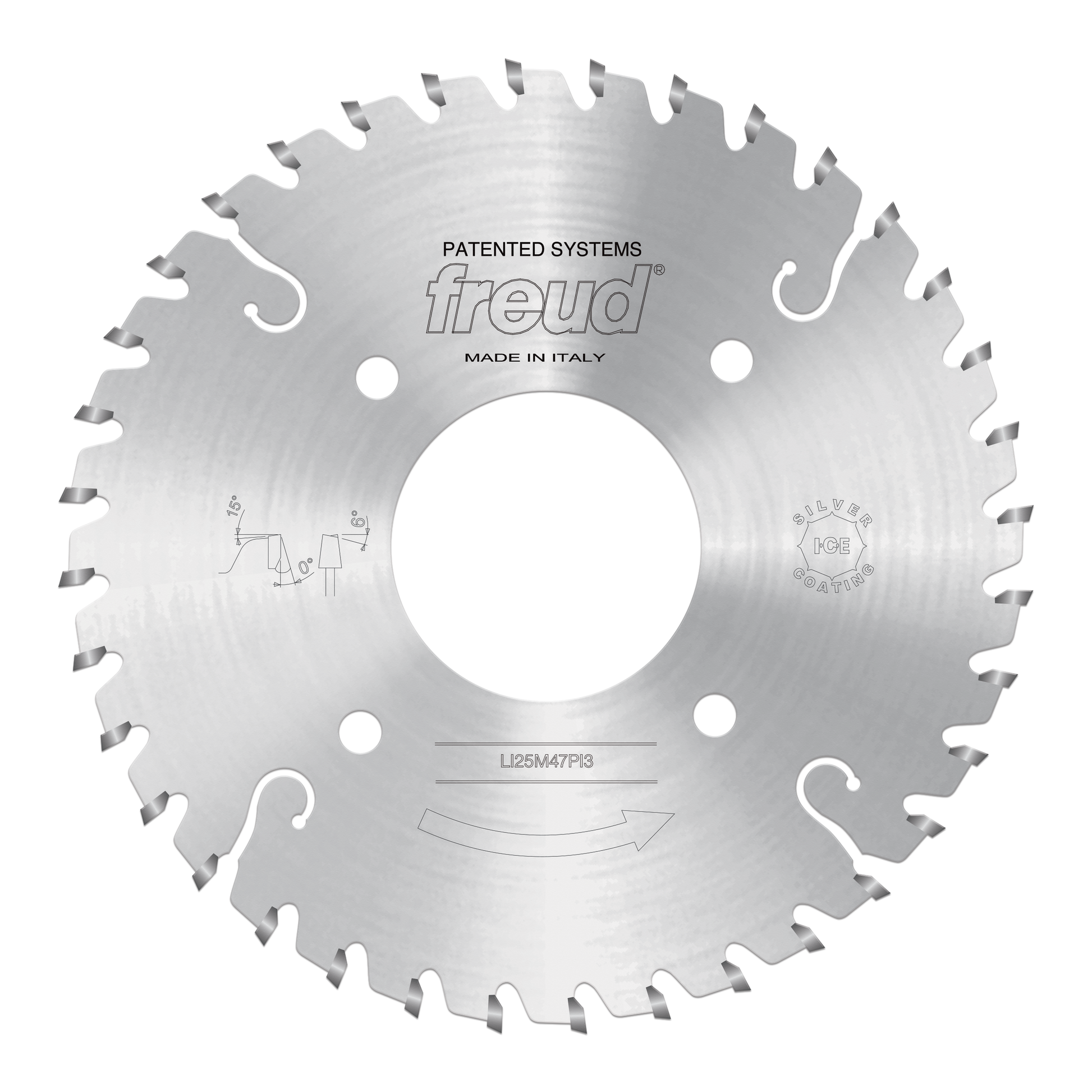 Circular saw blade with conical scoring teeth and center mounting hole for woodworking applications.