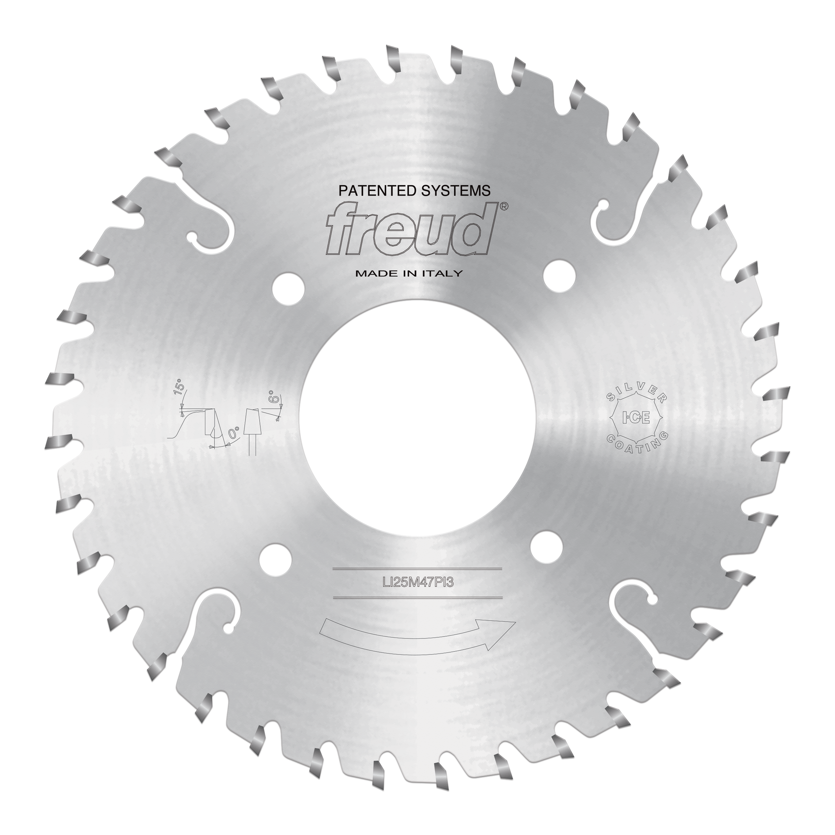Circular saw blade with conical scoring teeth and center mounting hole for woodworking applications.