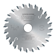 Freud 115mm conical scoring saw blade with angled teeth and center arbor hole, marked "Made in Italy."
