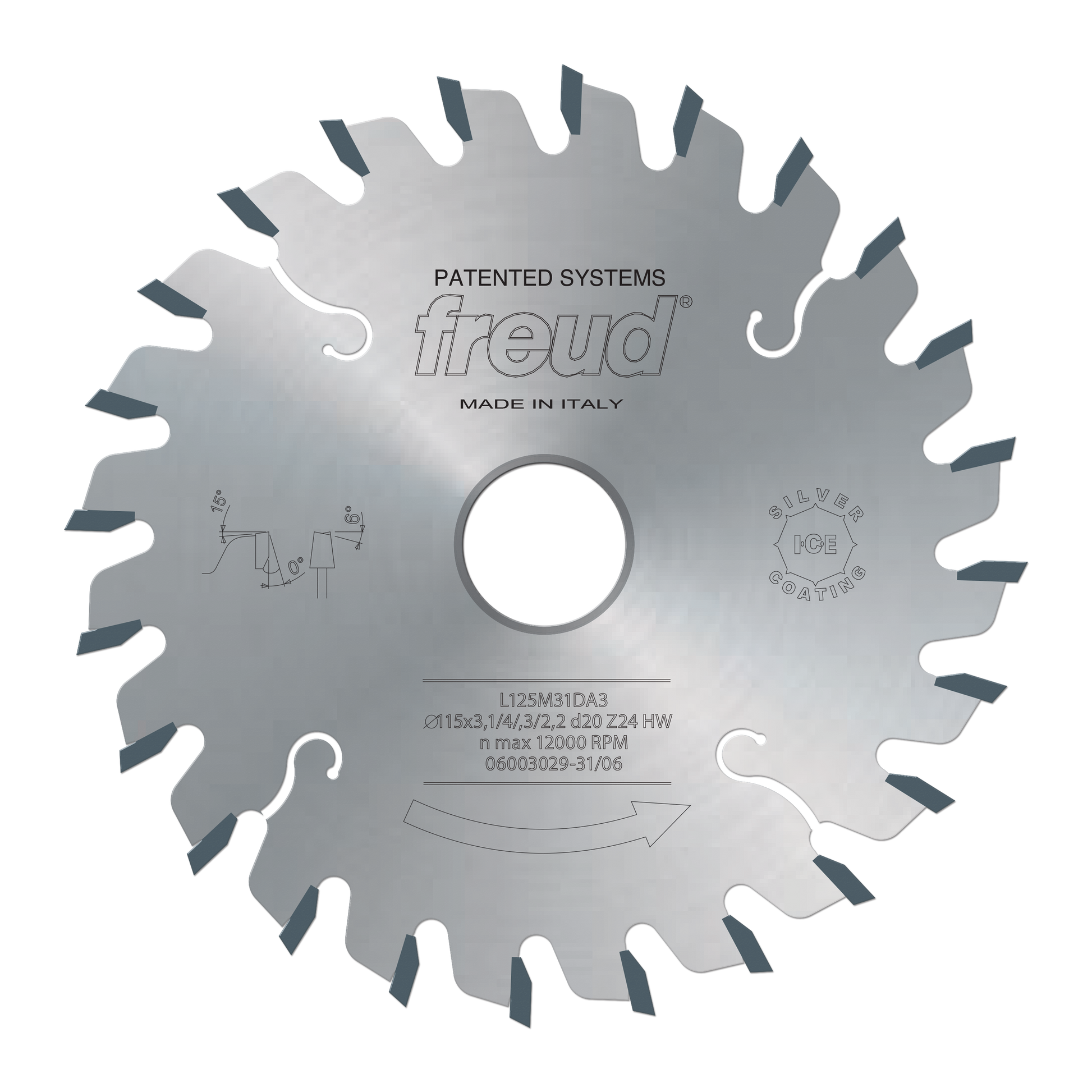 Freud 115mm conical scoring saw blade with angled teeth and center arbor hole, marked "Made in Italy."