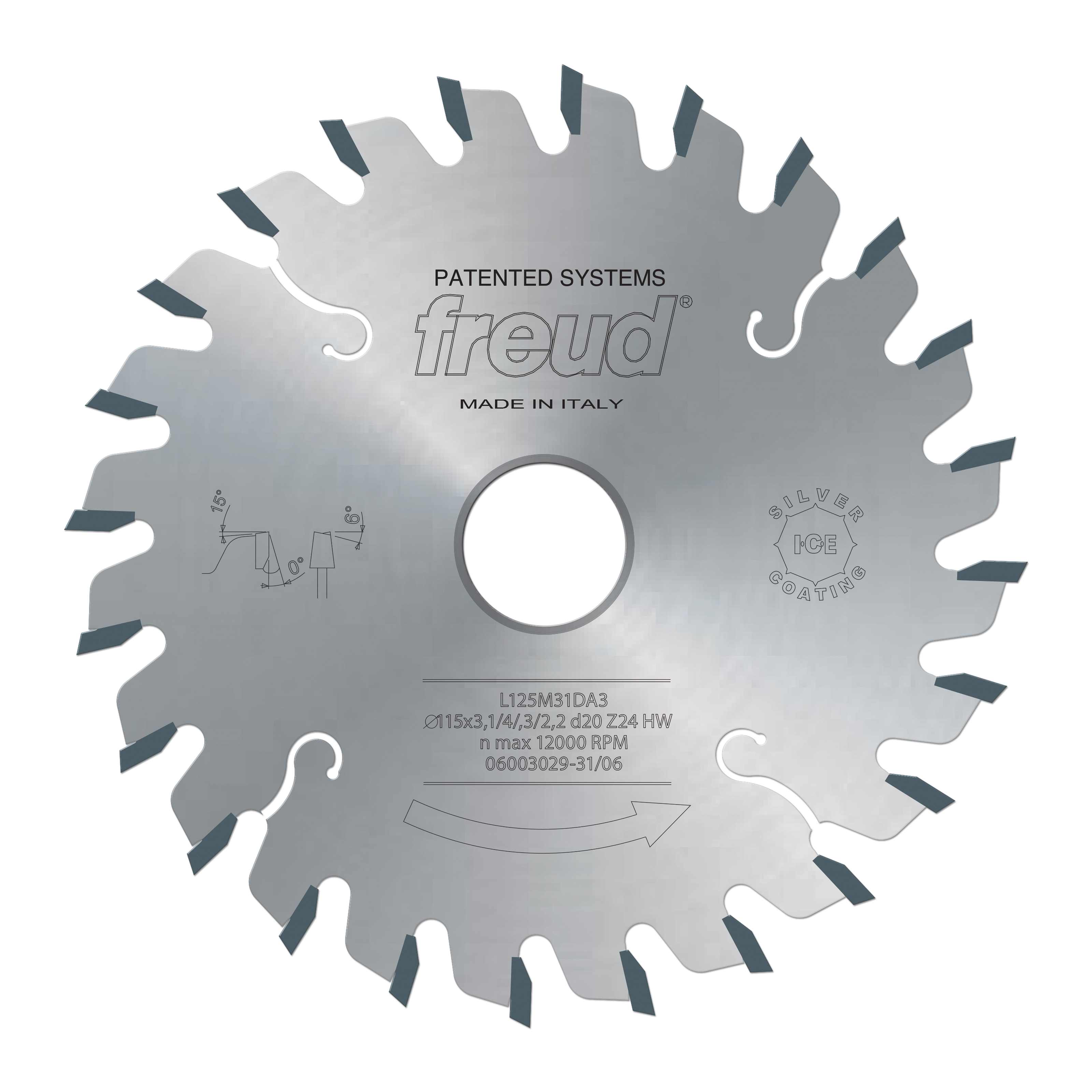 Freud 115mm conical scoring saw blade with angled teeth and center arbor hole, marked "Made in Italy."