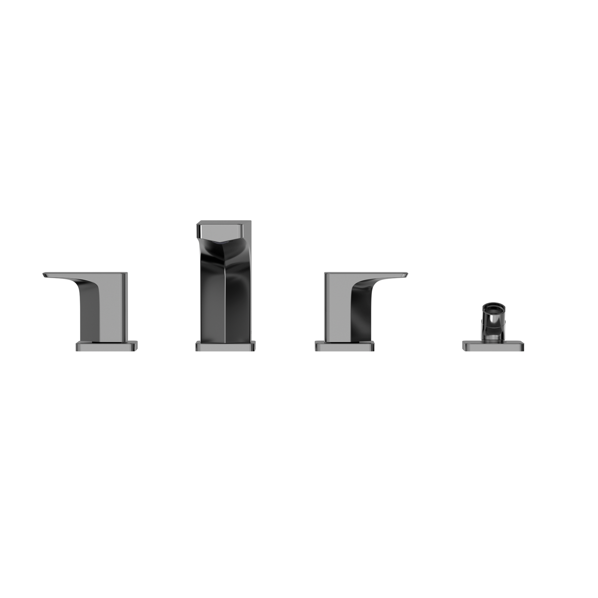 Polished chrome two-handle deck-mount roman tub filler trim with center spout and separate handshower component.
