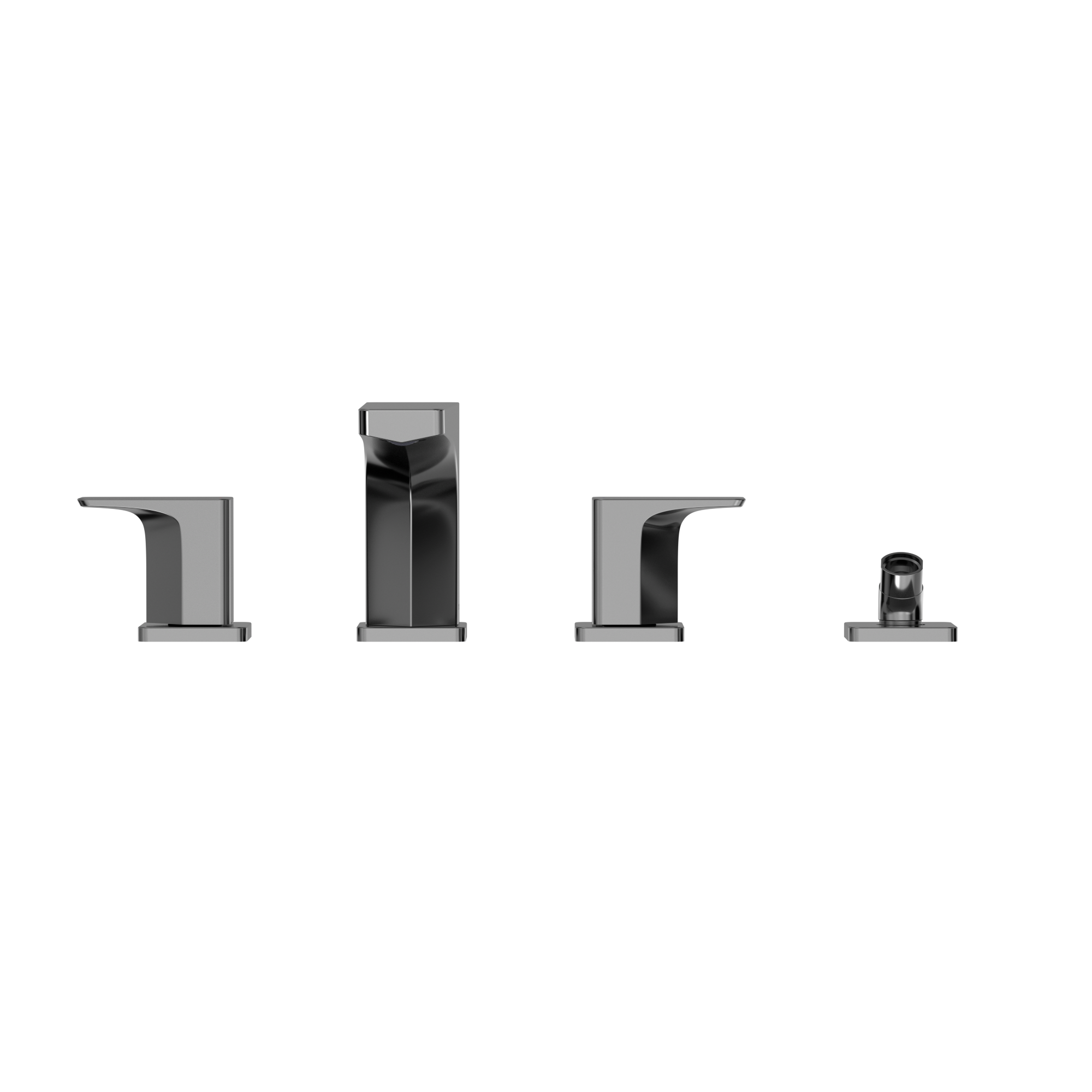 Polished chrome two-handle deck-mount roman tub filler trim with center spout and separate handshower component.
