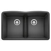 Anthracite double bowl undermount kitchen sink with equal-sized basins, low divide, and chrome drain strainers.