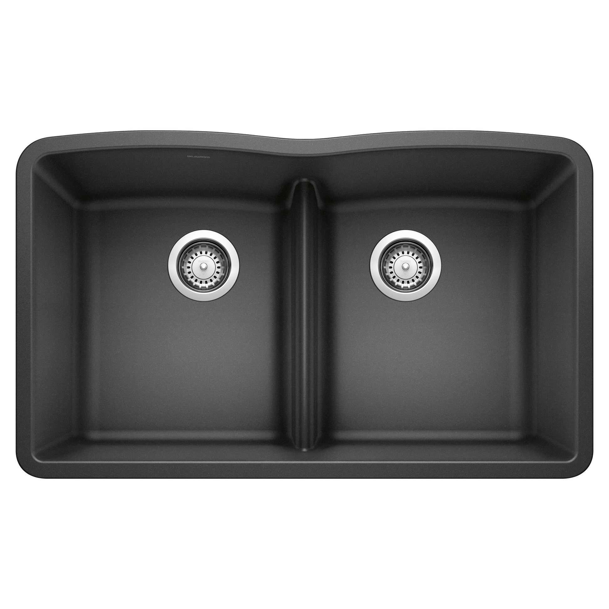 Anthracite double bowl undermount kitchen sink with equal-sized basins, low divide, and chrome drain strainers.