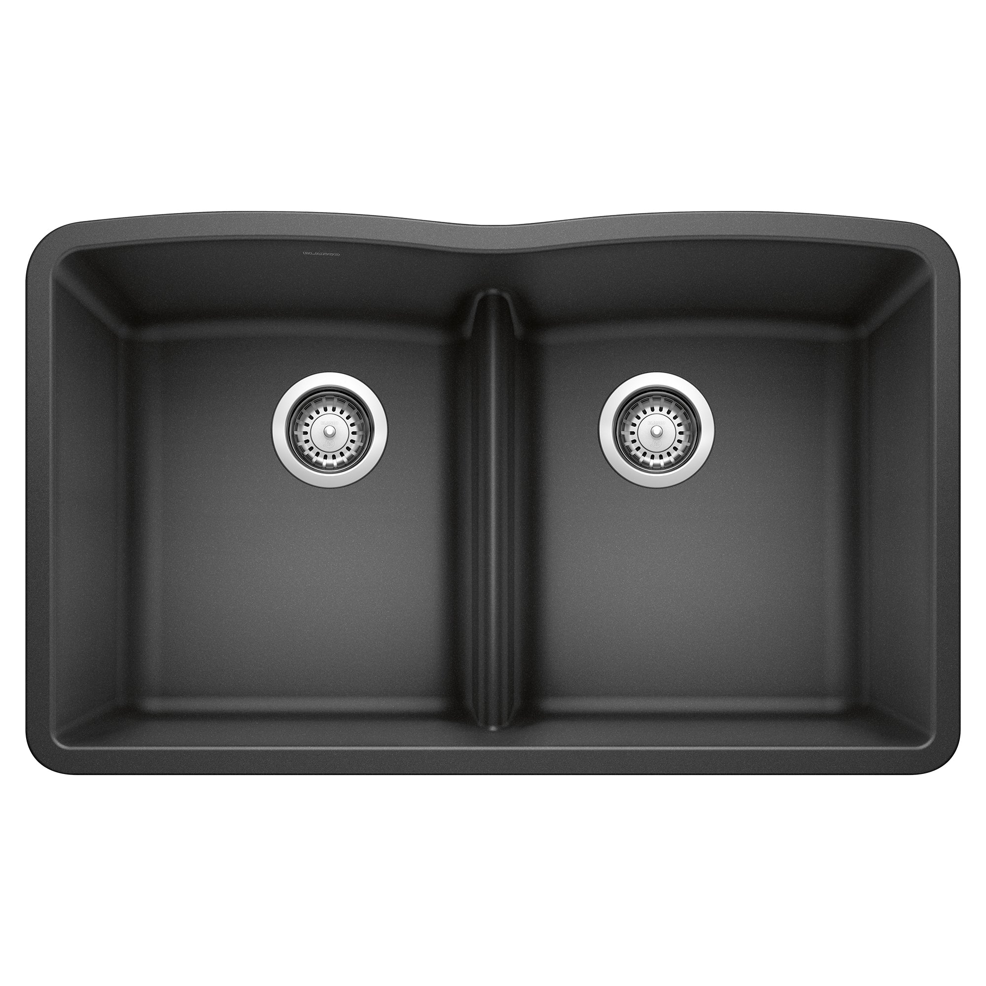 Anthracite double bowl undermount kitchen sink with equal-sized basins, low divide, and chrome drain strainers.