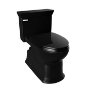 Ebony one-piece elongated toilet with soft-close seat and tank mounted on rear.