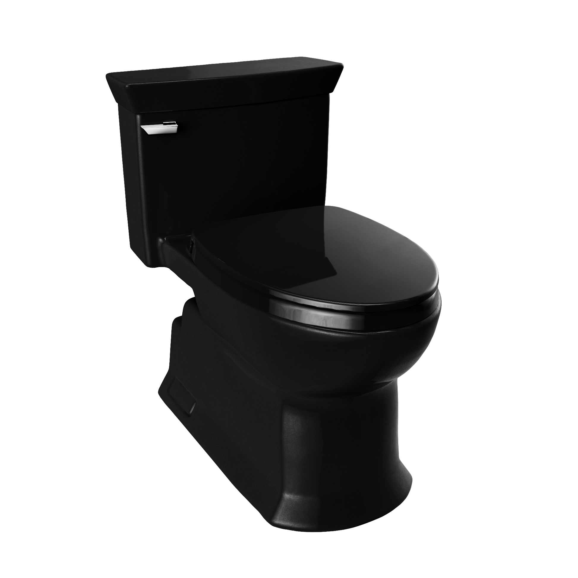 Ebony one-piece elongated toilet with soft-close seat and tank mounted on rear.