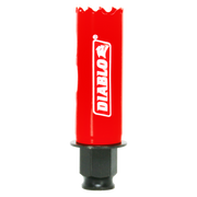 Red cylindrical hole saw with Diablo branding and serrated cutting edge, black hexagonal shank connector base.