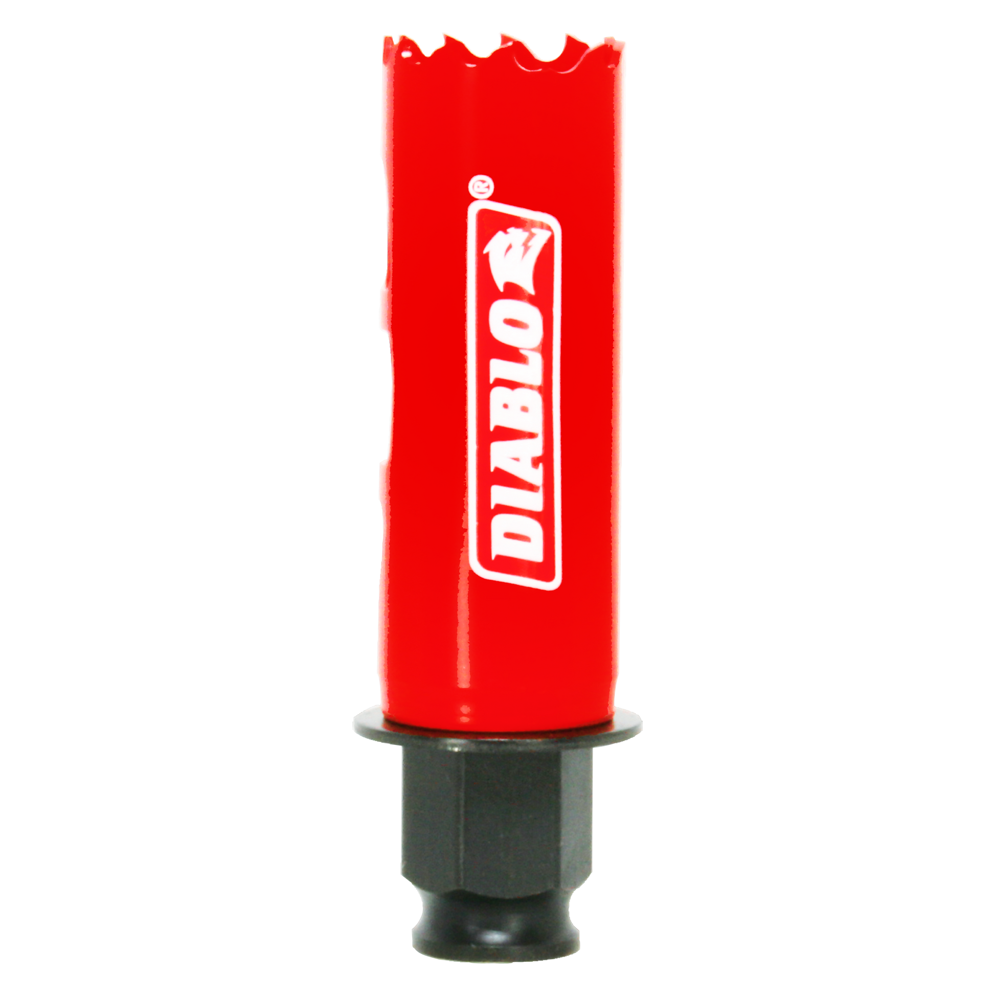 Red cylindrical hole saw with Diablo branding and serrated cutting edge, black hexagonal shank connector base.