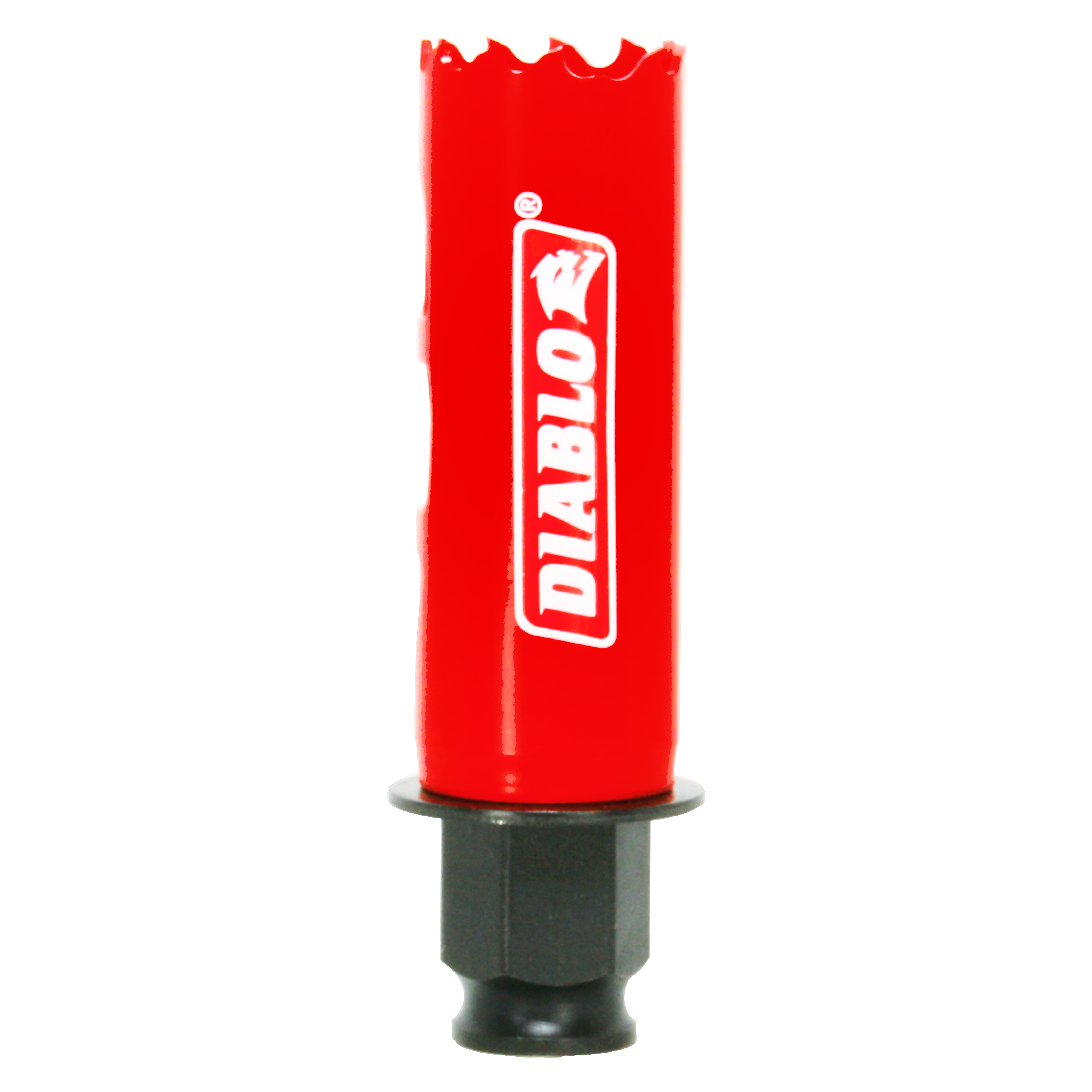 Red cylindrical hole saw with Diablo branding and serrated cutting edge, black hexagonal shank connector base.