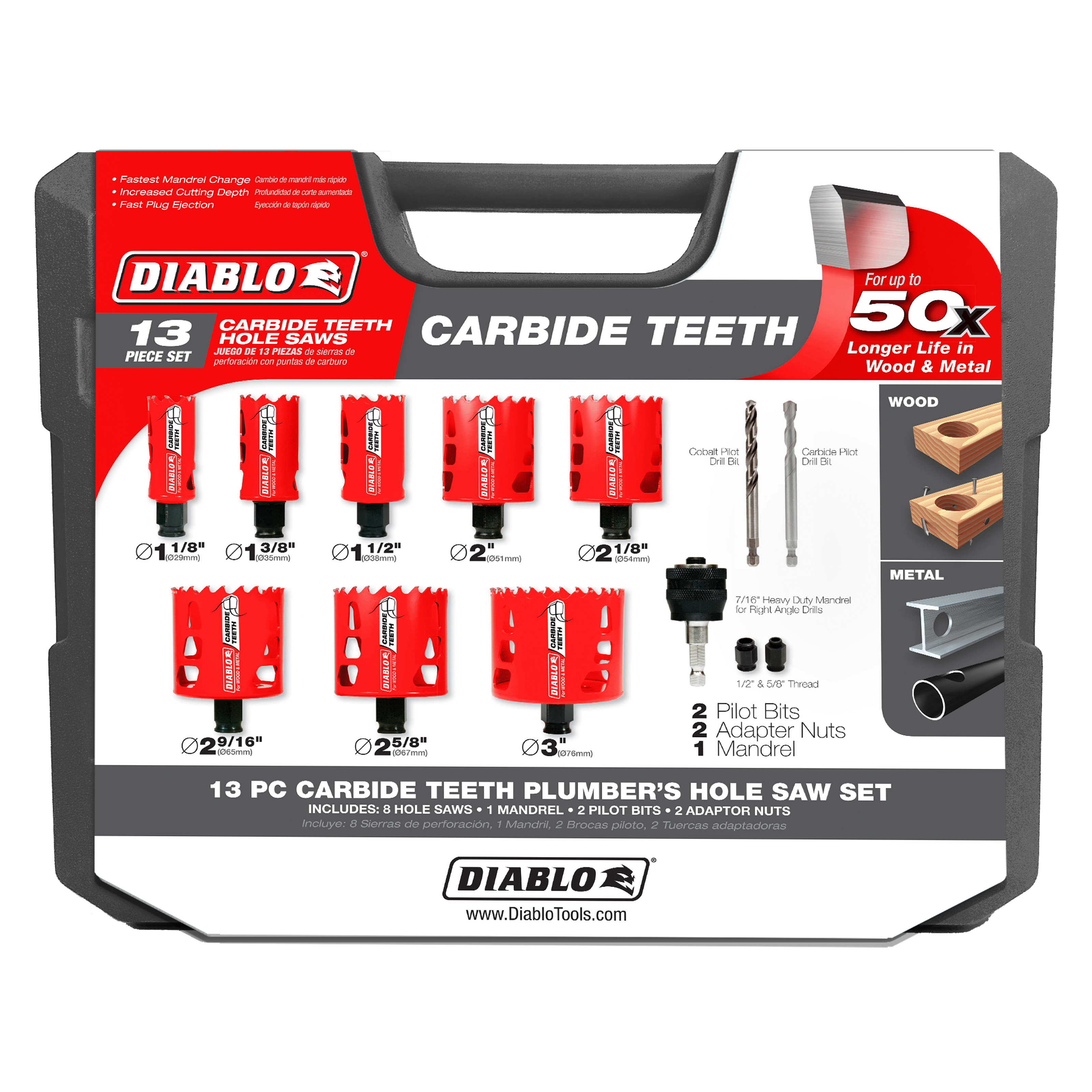 Diablo 13-piece carbide teeth hole saw set in carrying case with eight red saws, mandrel, pilot bits, and adapter nuts.