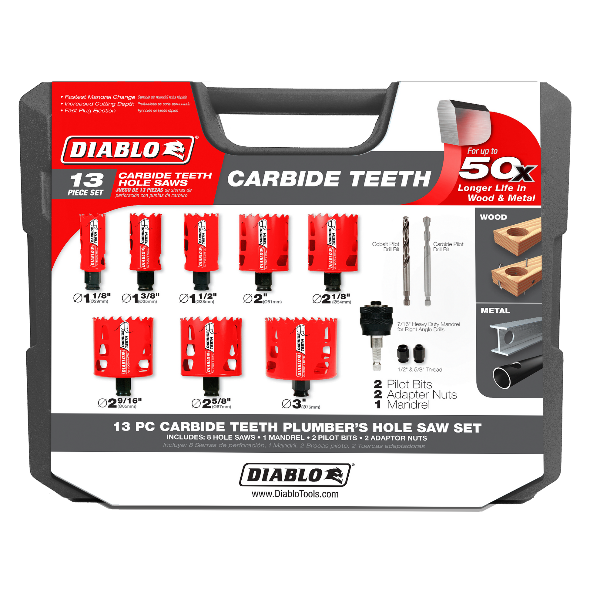 Diablo 13-piece carbide teeth hole saw set in carrying case with eight red saws, mandrel, pilot bits, and adapter nuts.