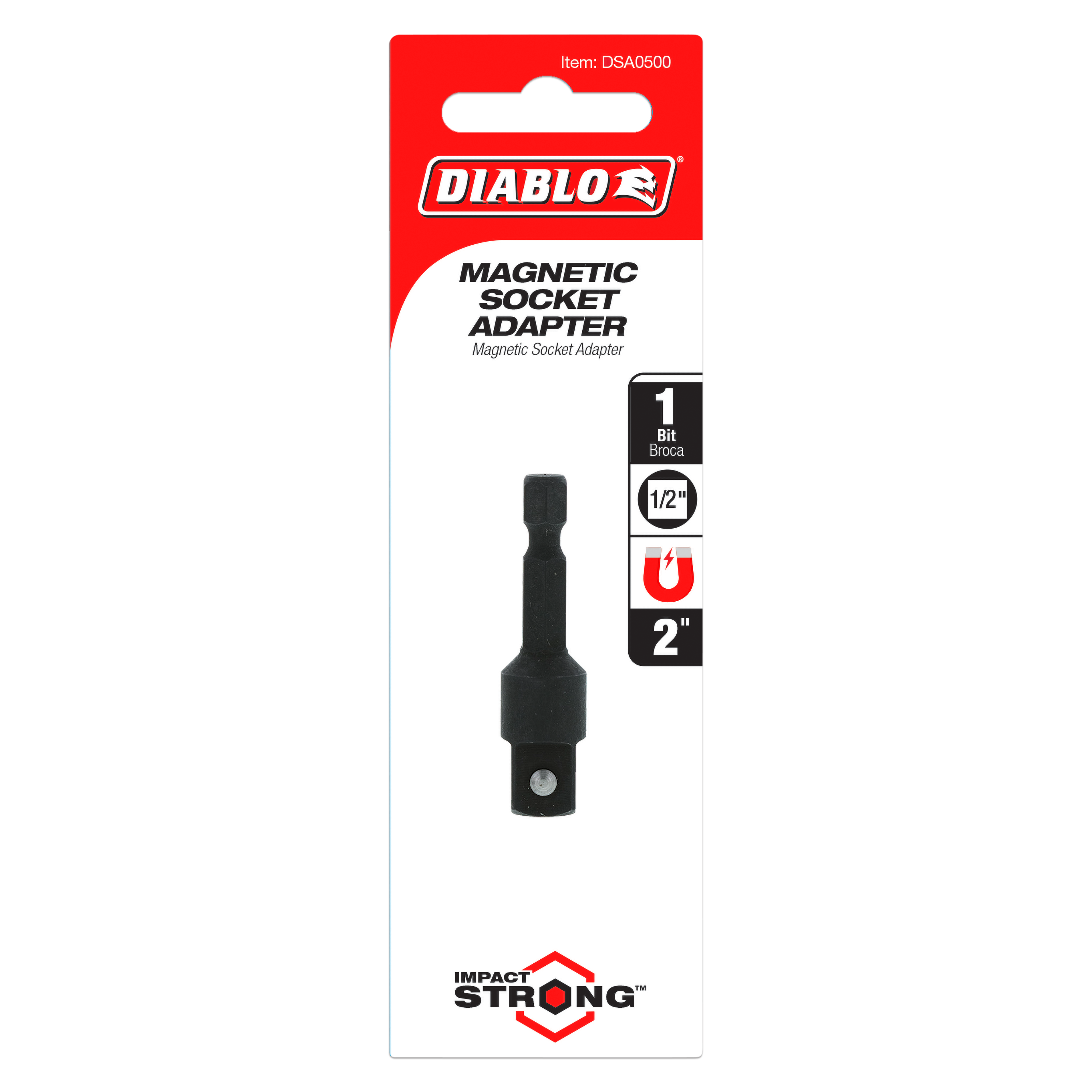 Black magnetic socket adapter with 1/2 inch square drive and 1/4 inch hex end, 2 inches long.