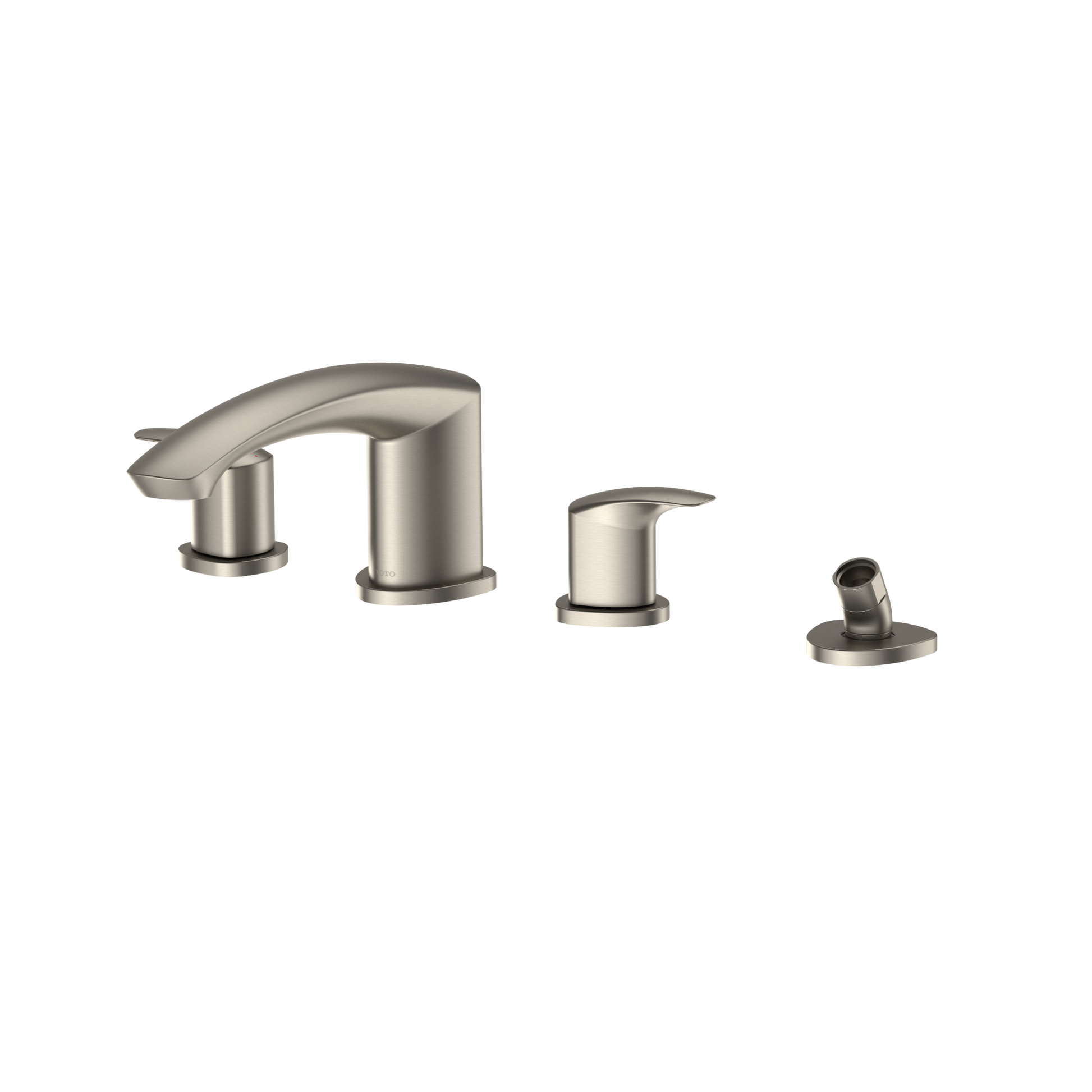 Brushed nickel two-handle roman tub filler trim with arched spout and separate handshower on white background.