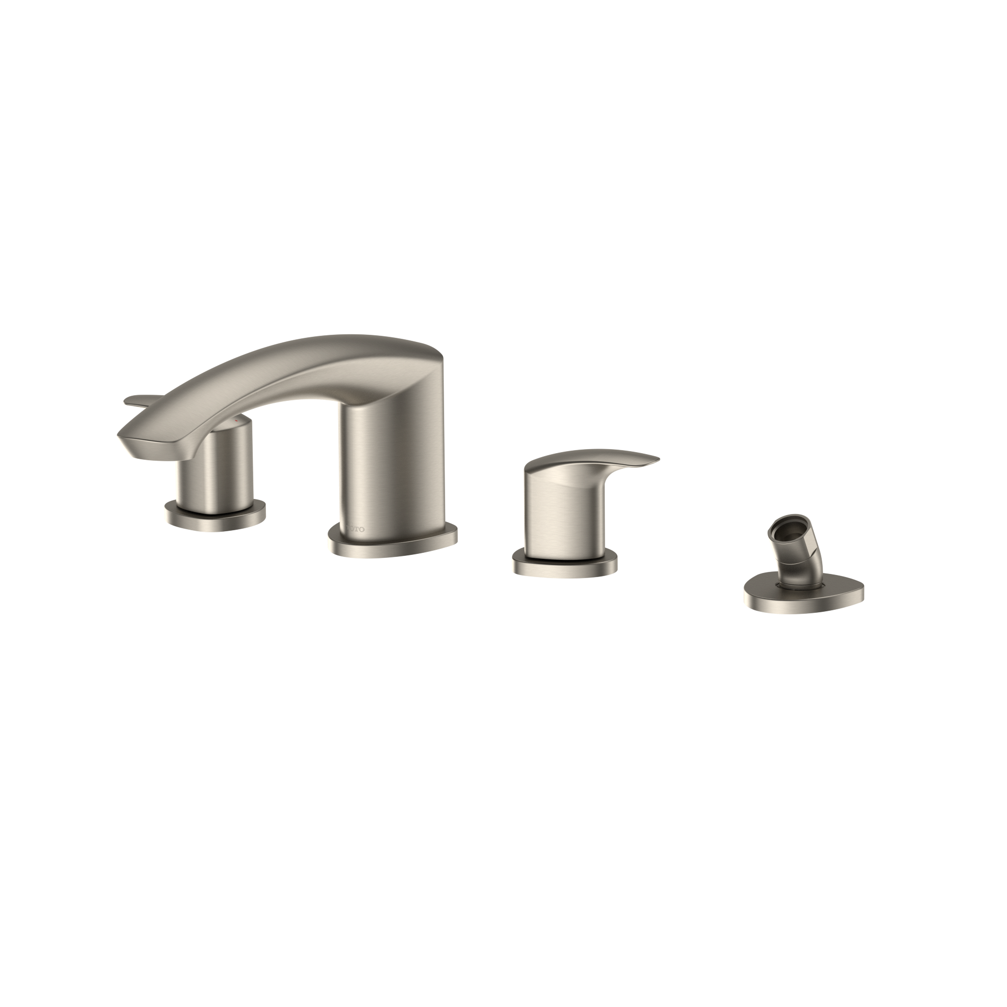 Brushed nickel two-handle roman tub filler trim with arched spout and separate handshower on white background.