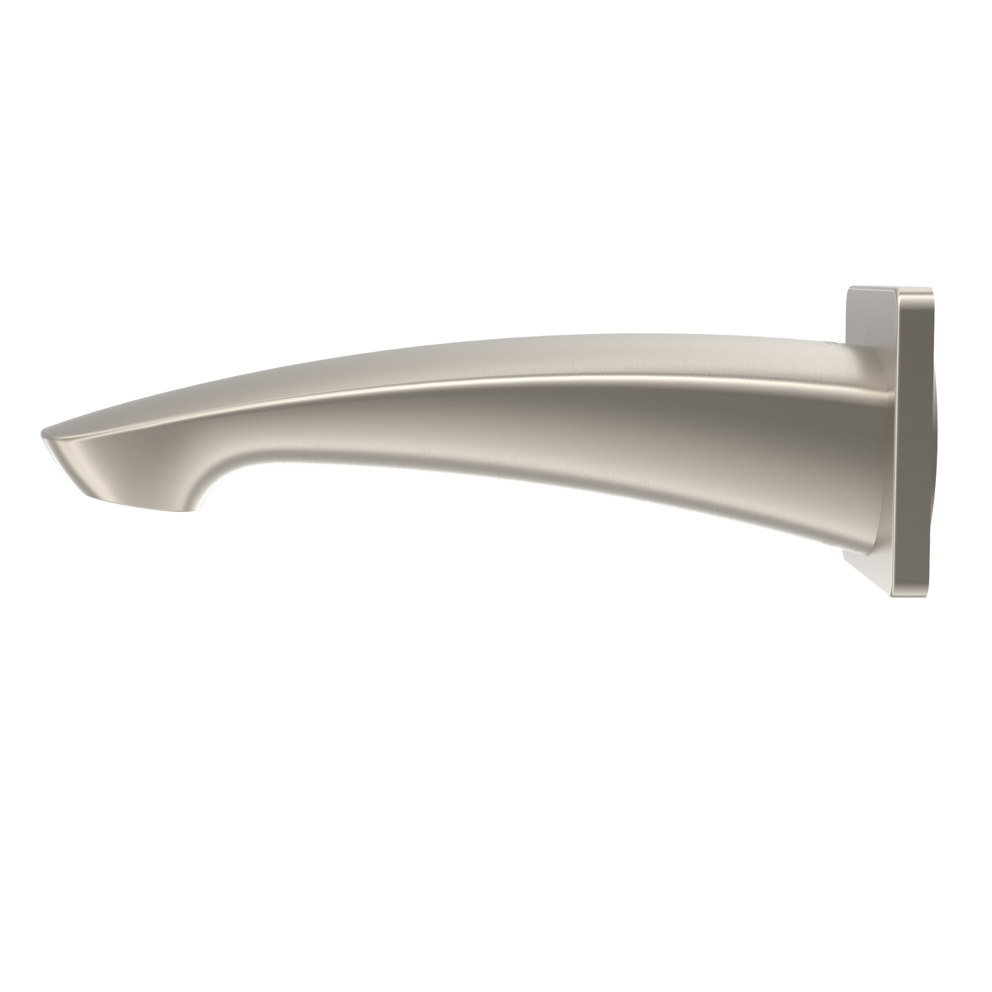 Brushed nickel wall-mounted tub spout with curved downward-pointing outlet and square mounting flange.