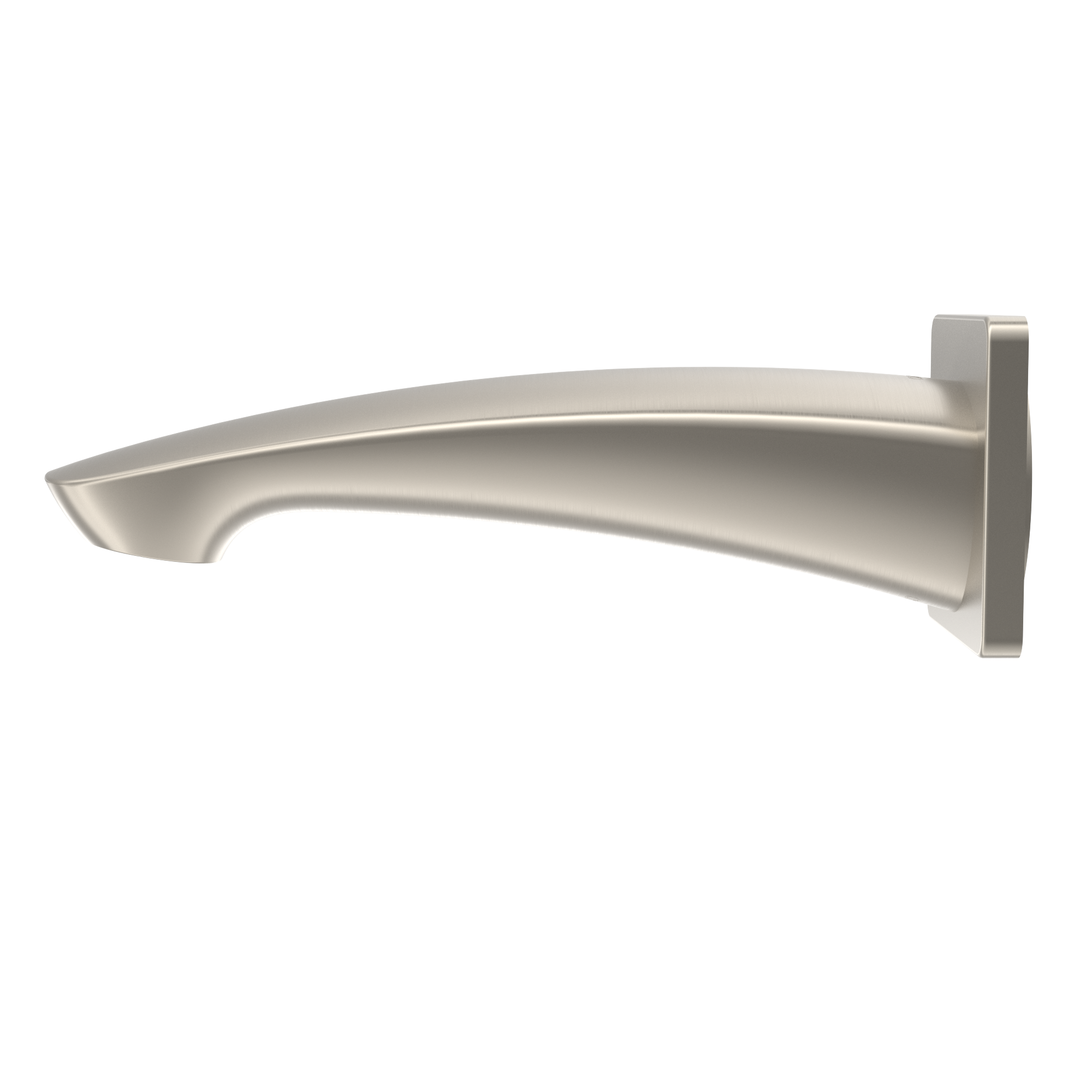 Brushed nickel wall-mounted tub spout with curved downward-pointing outlet and square mounting flange.