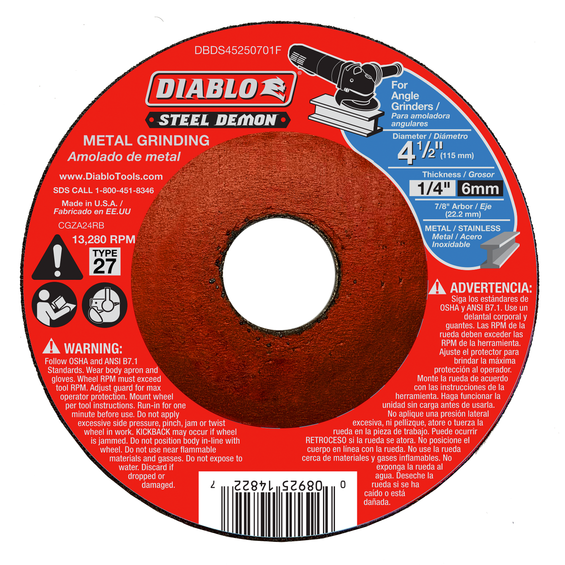 Diablo Steel Demon 4-1/2 inch Type 27 metal grinding disc with red label and brown abrasive surface.