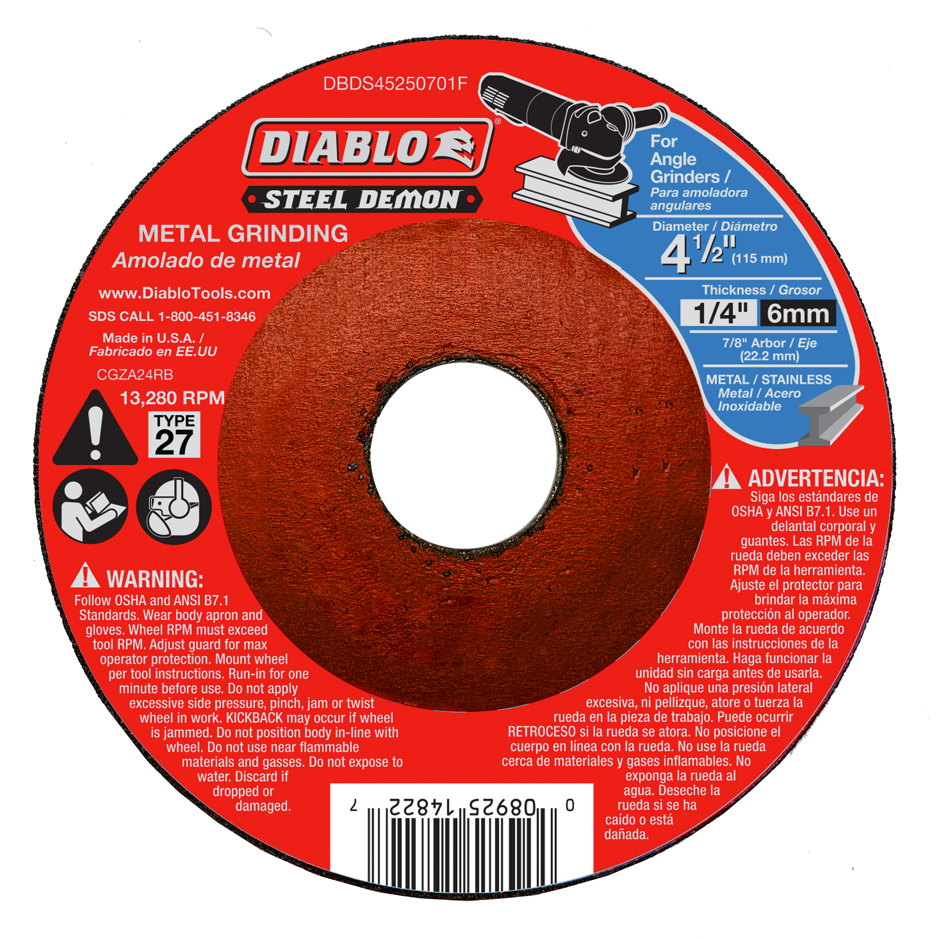 Diablo Steel Demon 4-1/2 inch Type 27 metal grinding disc with red label and brown abrasive surface.