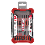 Diablo 14-piece screwdriving set with red and black drive bits in clear plastic case with red corners.