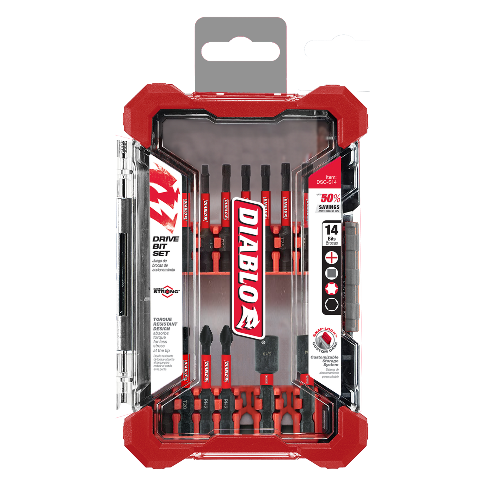 Diablo 14-piece screwdriving set with red and black drive bits in clear plastic case with red corners.