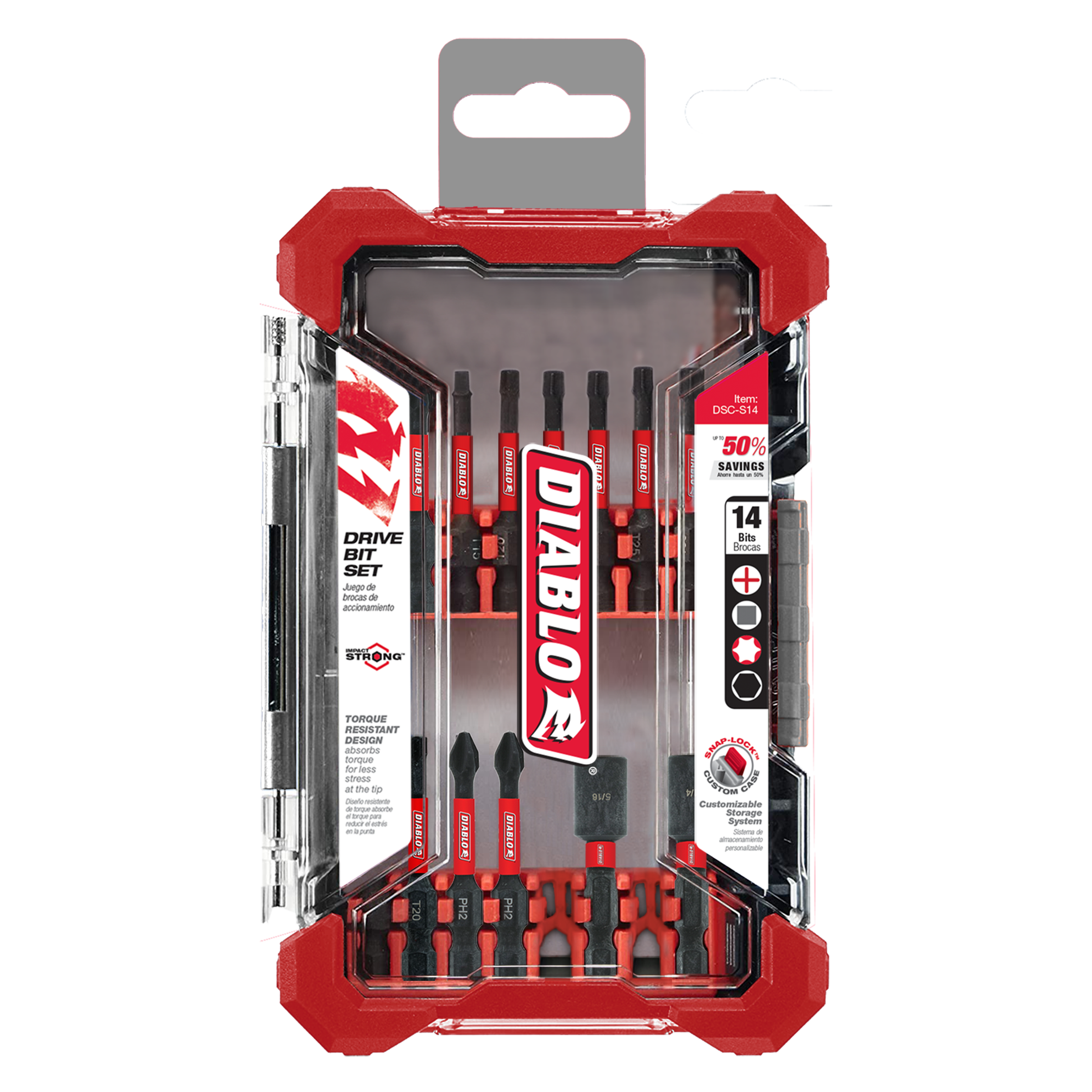 Diablo 14-piece screwdriving set with red and black drive bits in clear plastic case with red corners.