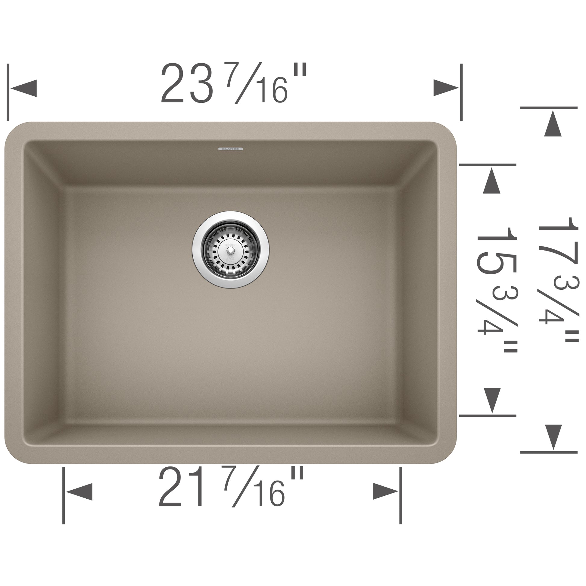 Truffle-colored single bowl undermount sink with drain strainer and dimension measurements displayed.