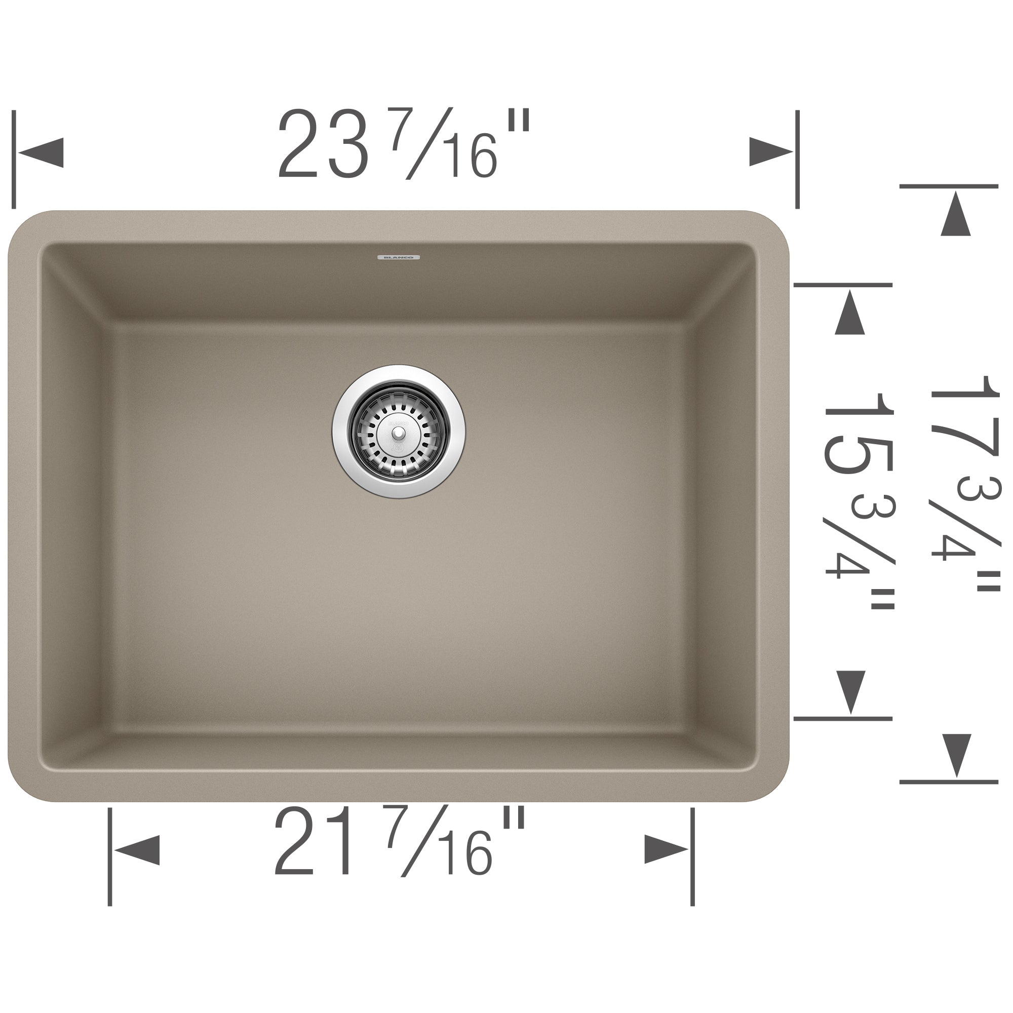 Truffle-colored single bowl undermount sink with drain strainer and dimension measurements displayed.