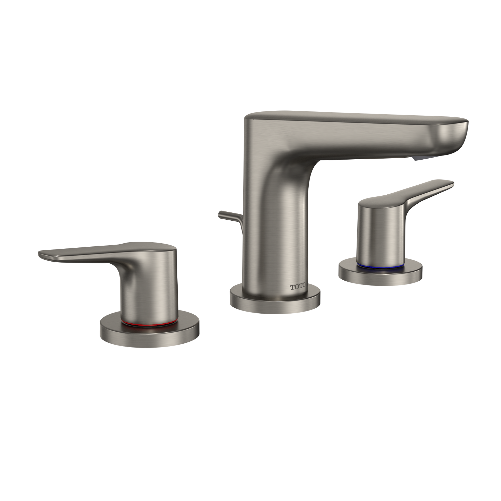 Brushed nickel two-handle widespread bathroom sink faucet with tall center spout and round bases.