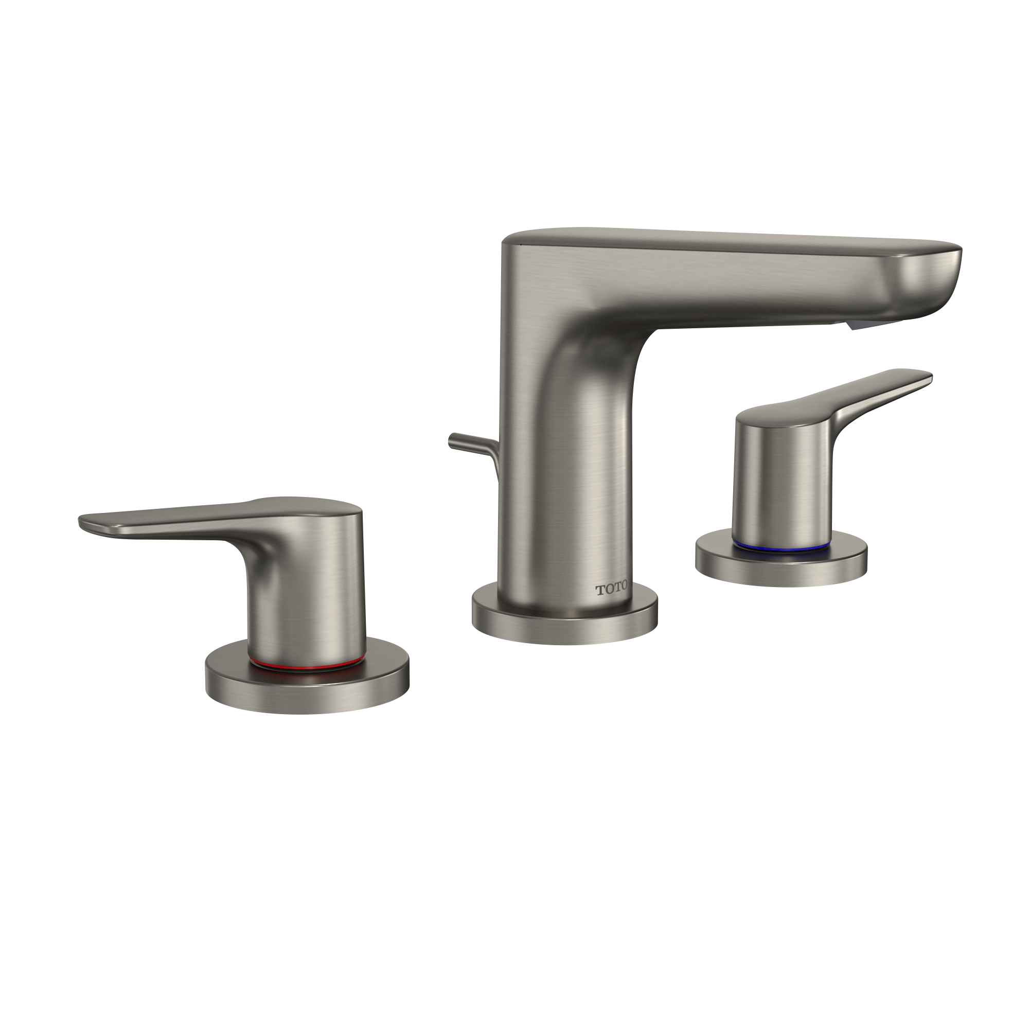 Brushed nickel two-handle widespread bathroom sink faucet with tall center spout and round bases.