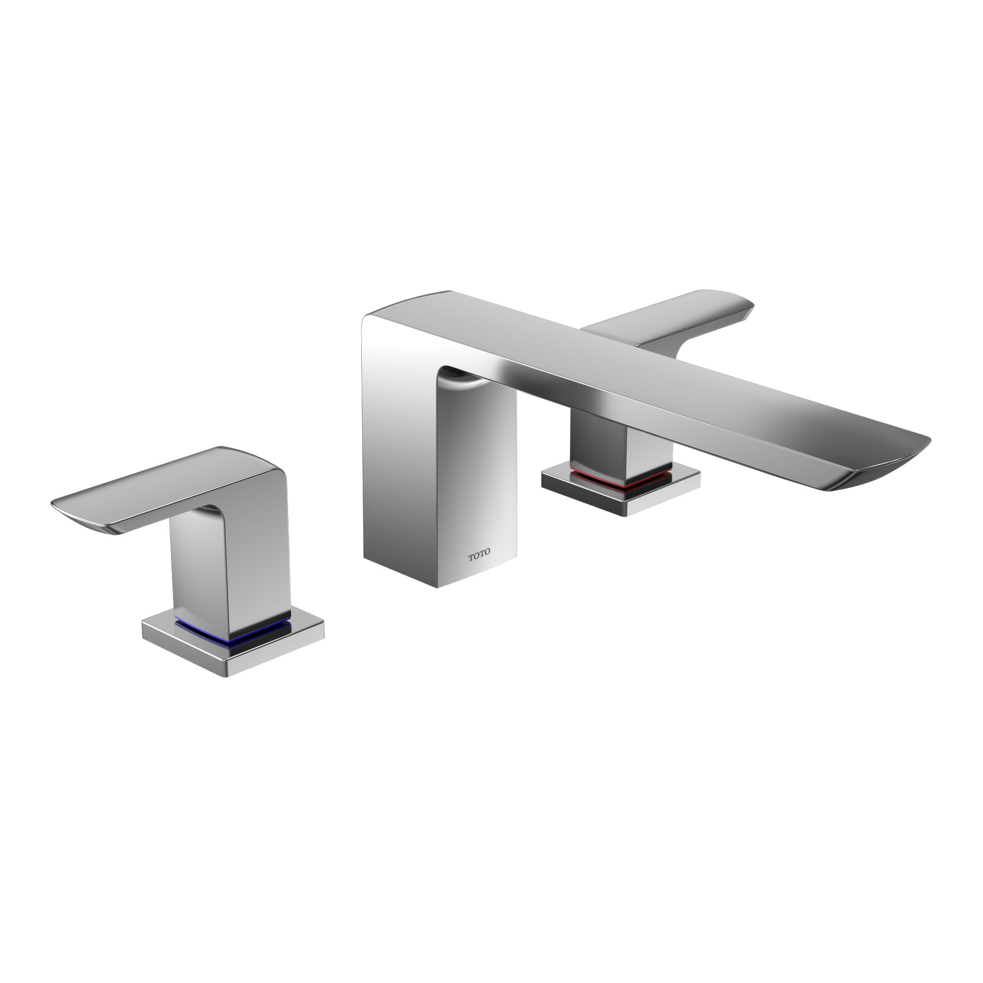 Polished chrome two-handle roman tub filler with rectangular spouts and square base mounts.