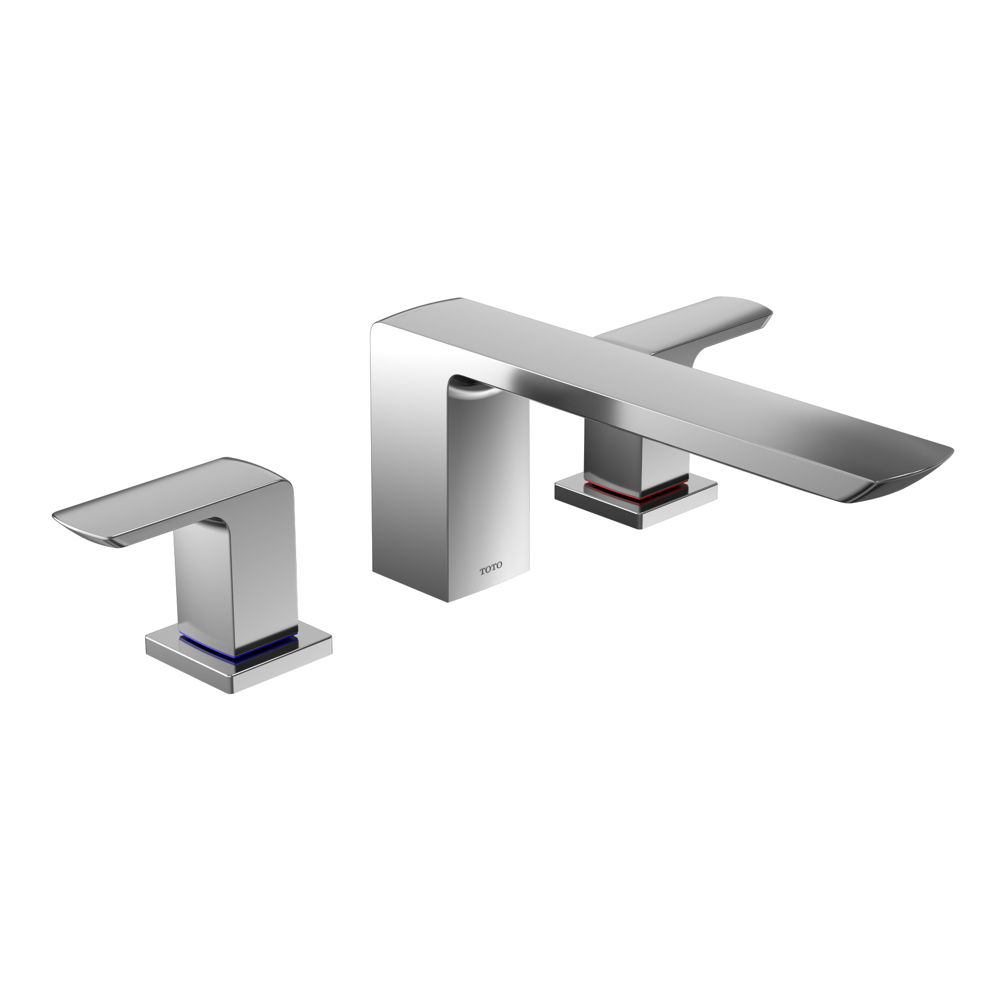 Polished chrome two-handle roman tub filler with rectangular spouts and square base mounts.