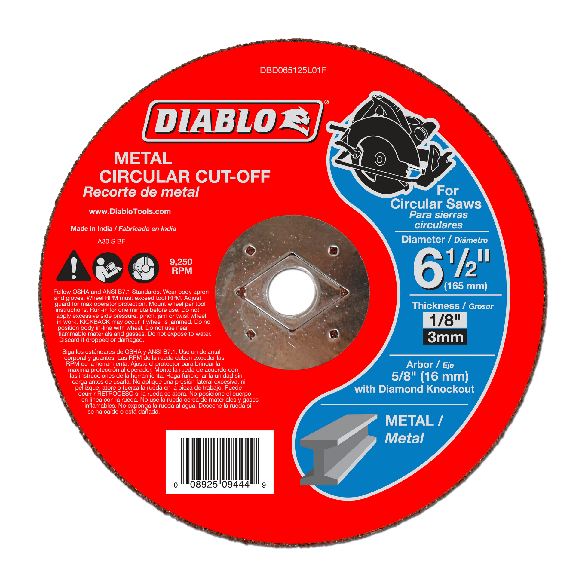 Red metal circular cut-off disc, 6-1/2 inches diameter, with center arbor hole and diamond knockout design for circular saws.
