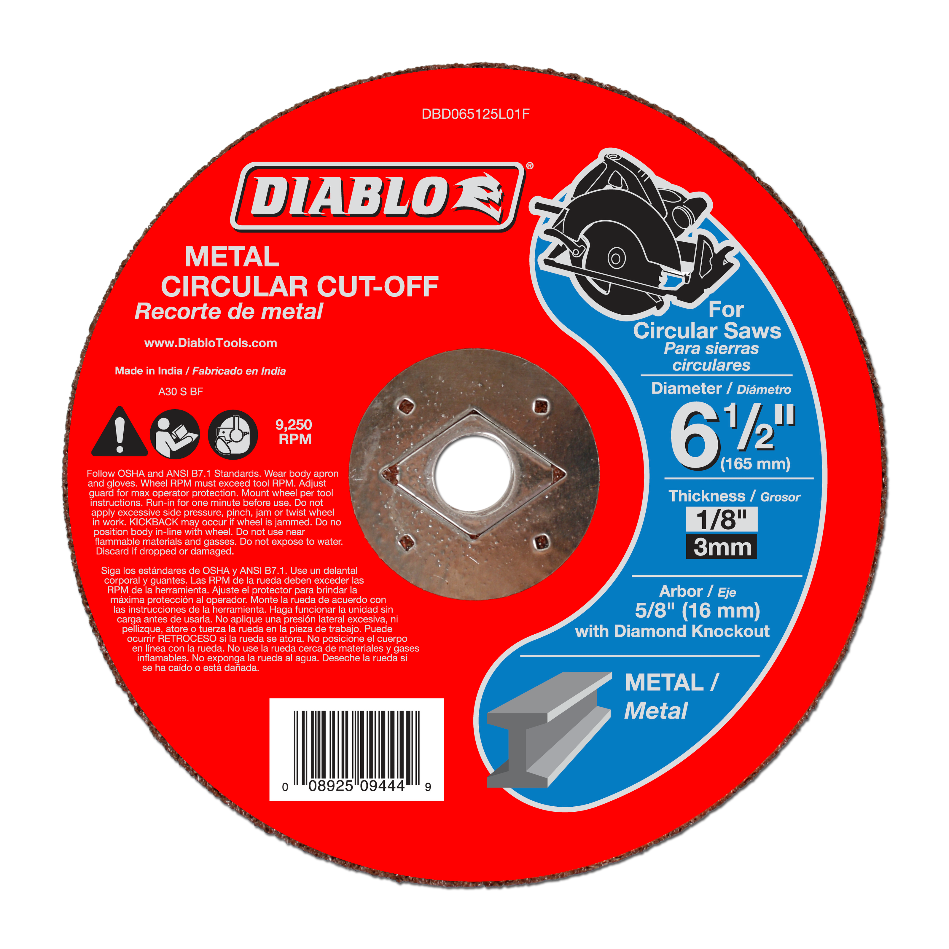 Red metal circular cut-off disc, 6-1/2 inches diameter, with center arbor hole and diamond knockout design for circular saws.