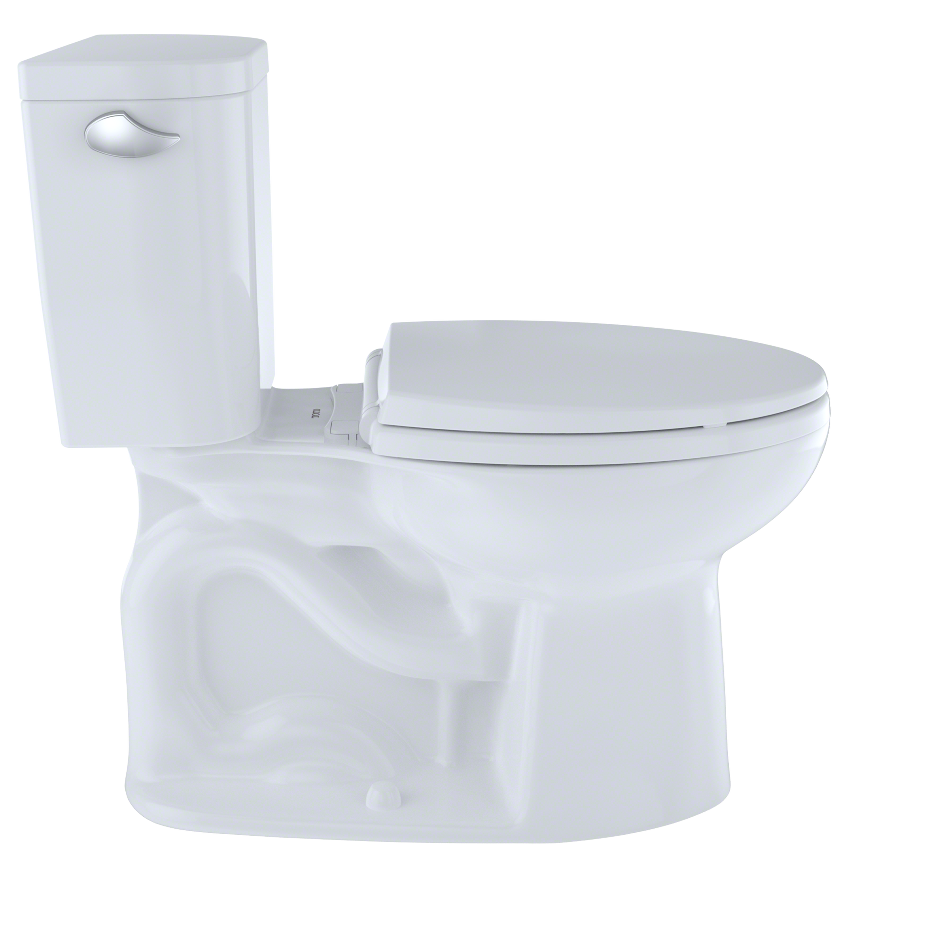 White two-piece elongated toilet with closed seat lid and separate tank with lever flush handle.